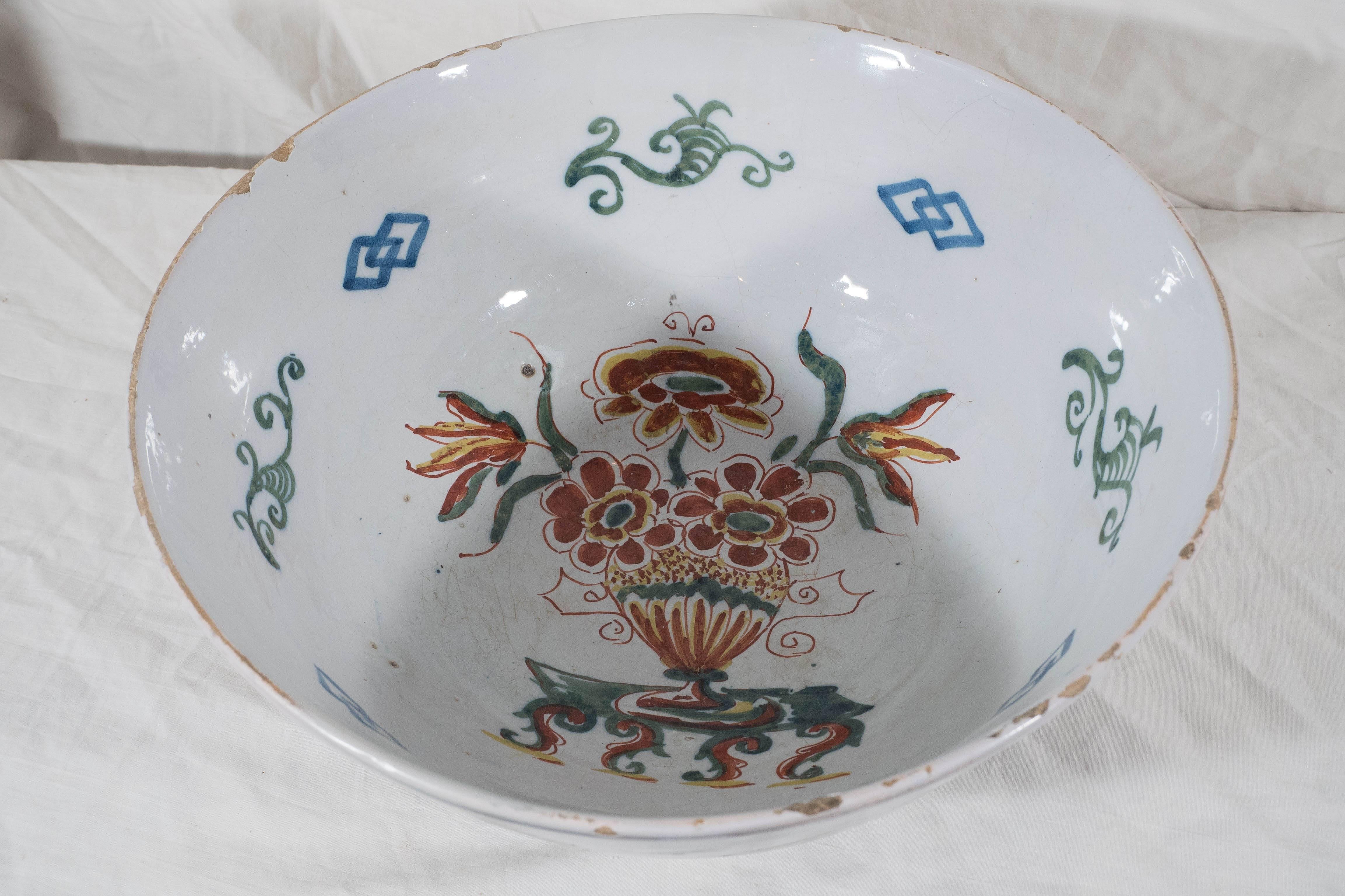 English Large Antique Delft Bowl Polychrome Colors