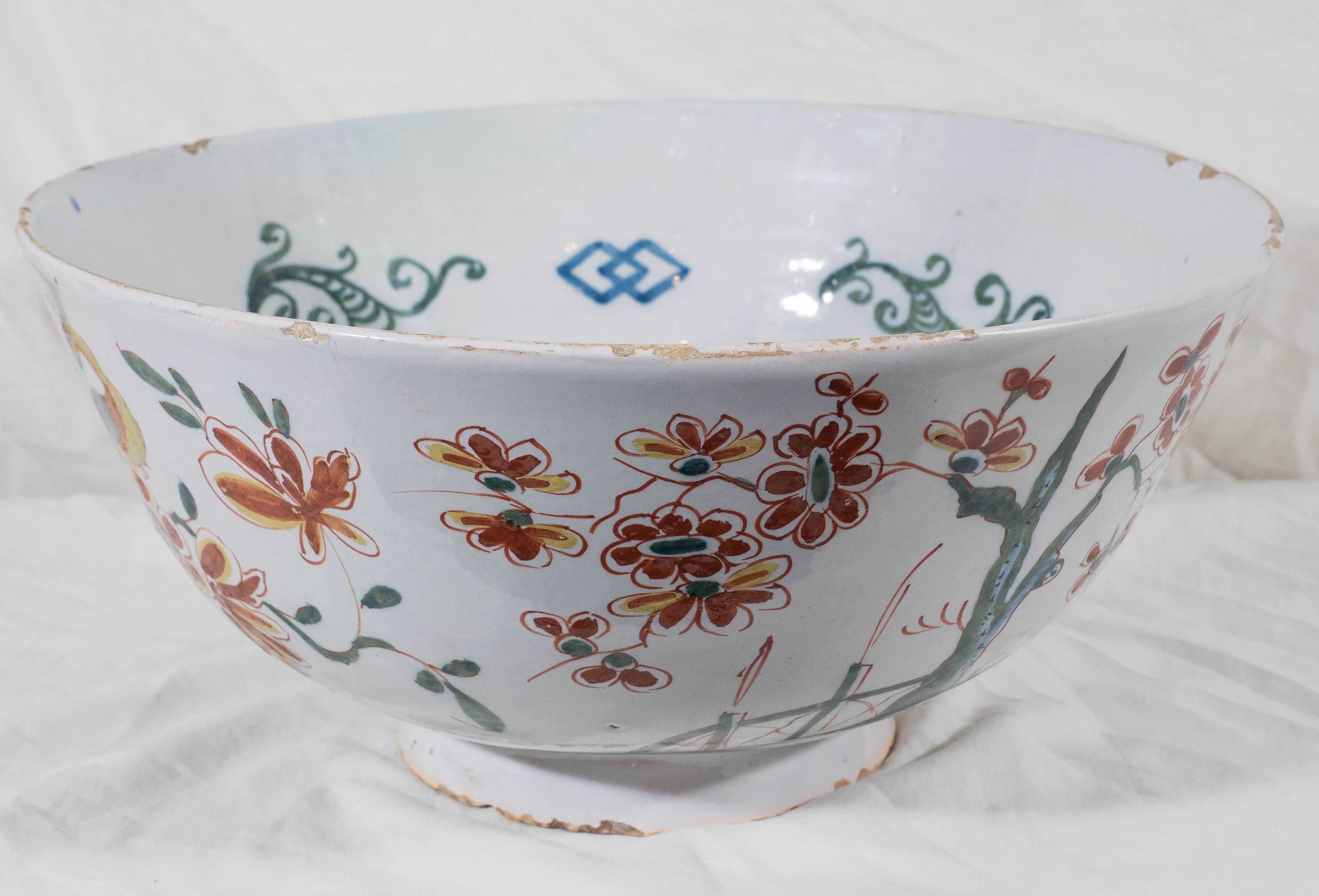 Large Antique Delft Bowl Polychrome Colors 1