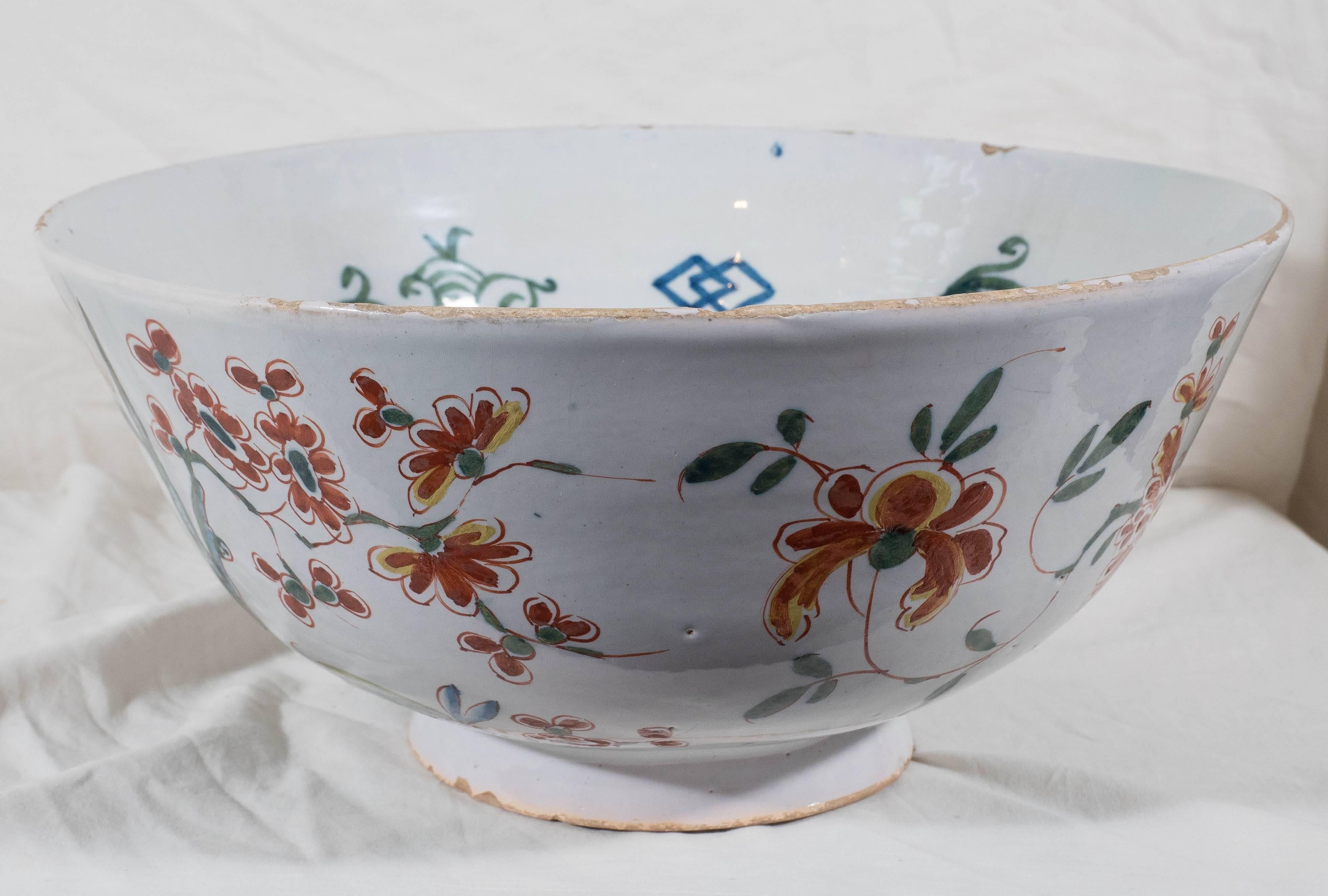 Large Antique Delft Bowl Polychrome Colors 4