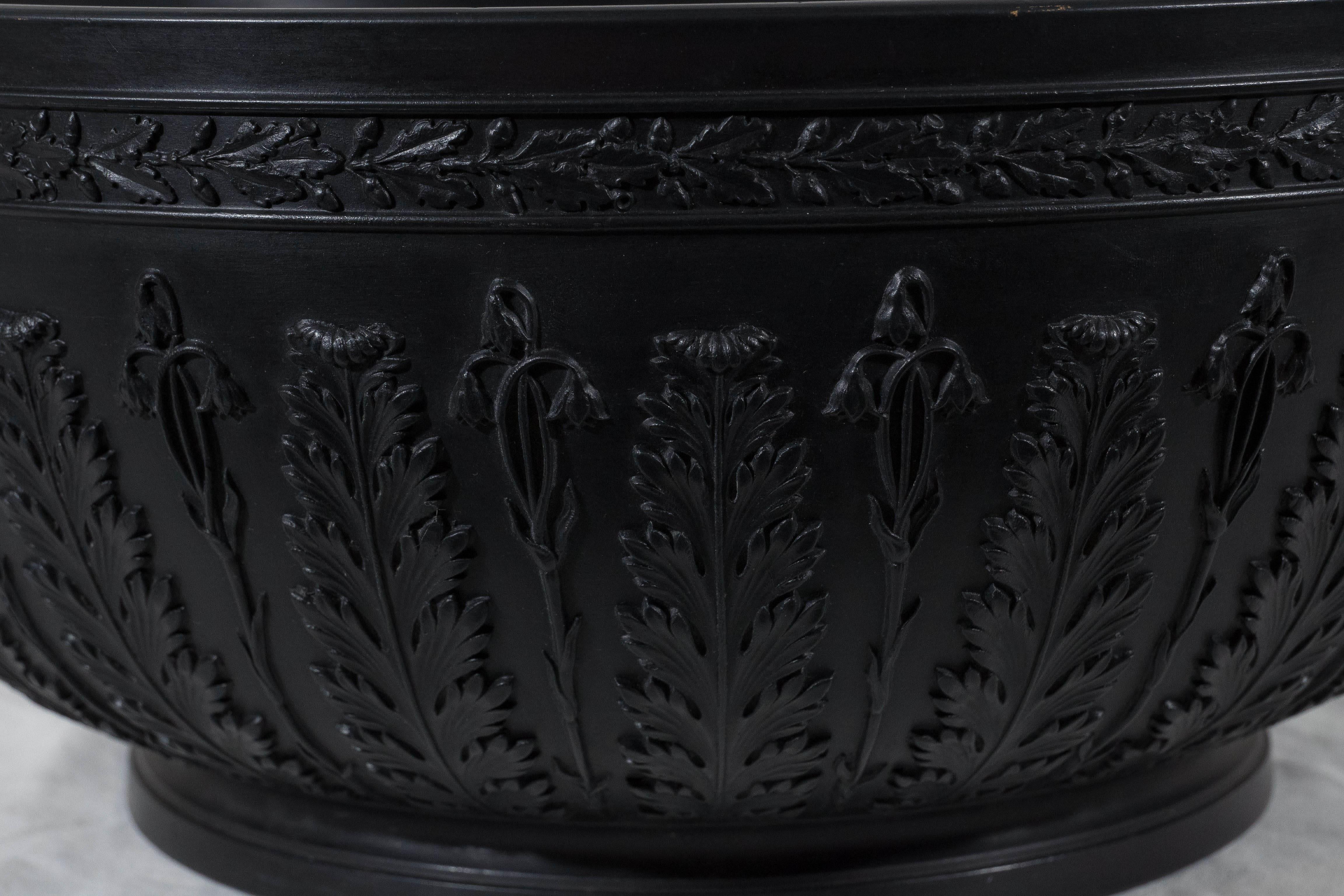 A large Wedgwood black basalt bowl decorated with acanthus leaves around the side and acorns and oak leaves along the top edge. The reverse with impressed 