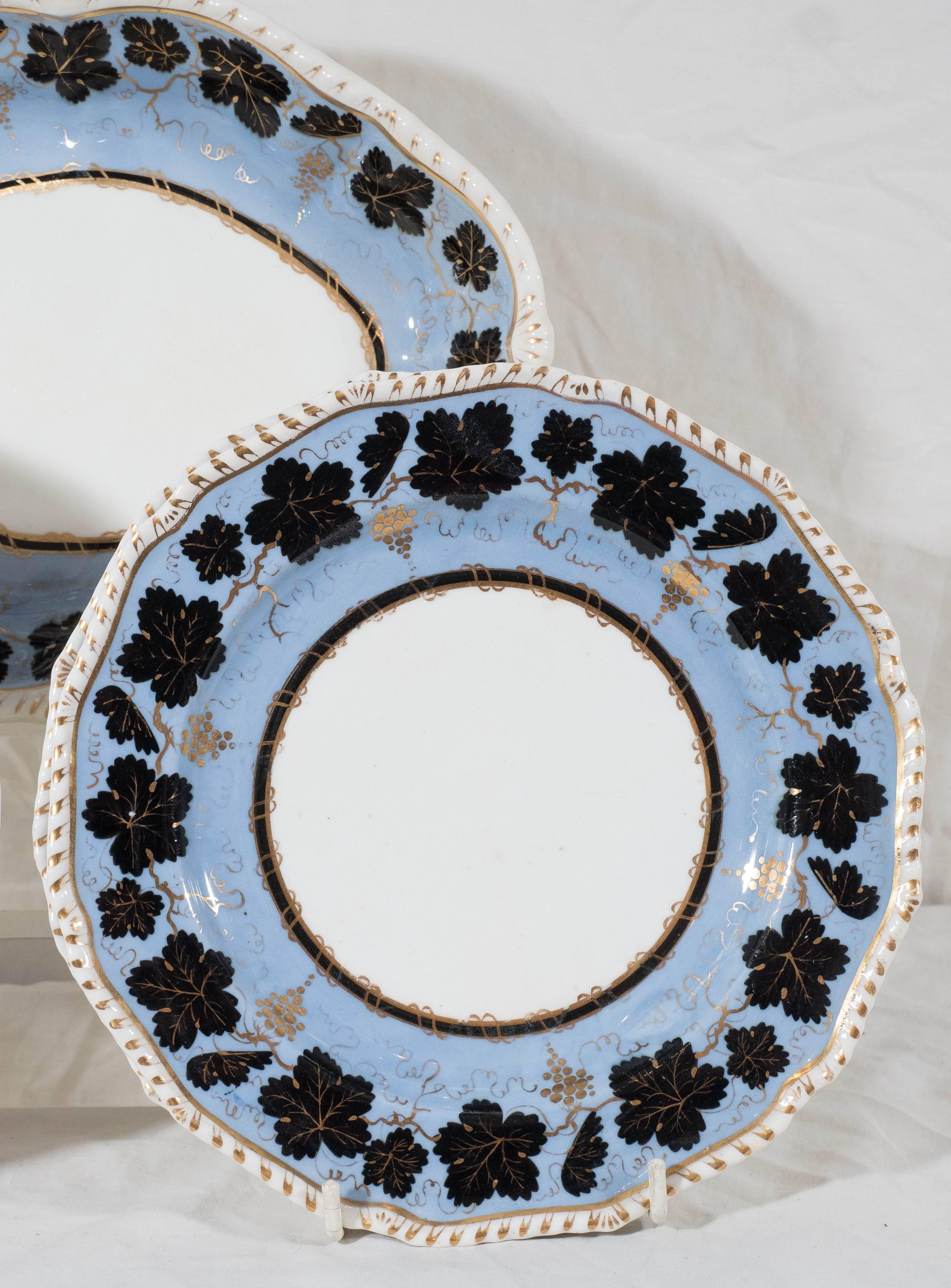 Regency Antique Porcelain Light Blue Dishes Painted with Black Leaves (13 pieces NOT 15)