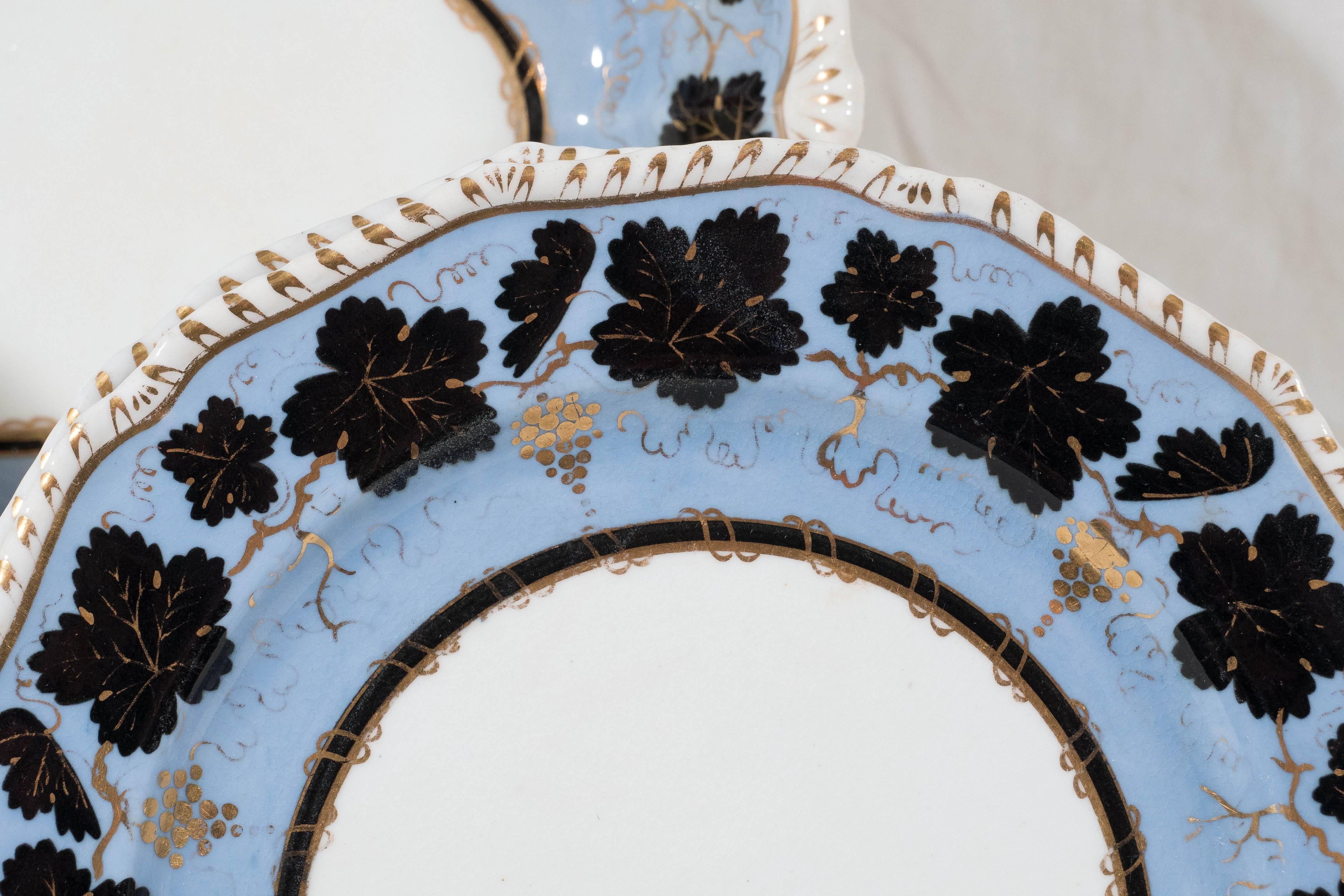 English Antique Porcelain Light Blue Dishes Painted with Black Leaves (13 pieces NOT 15)