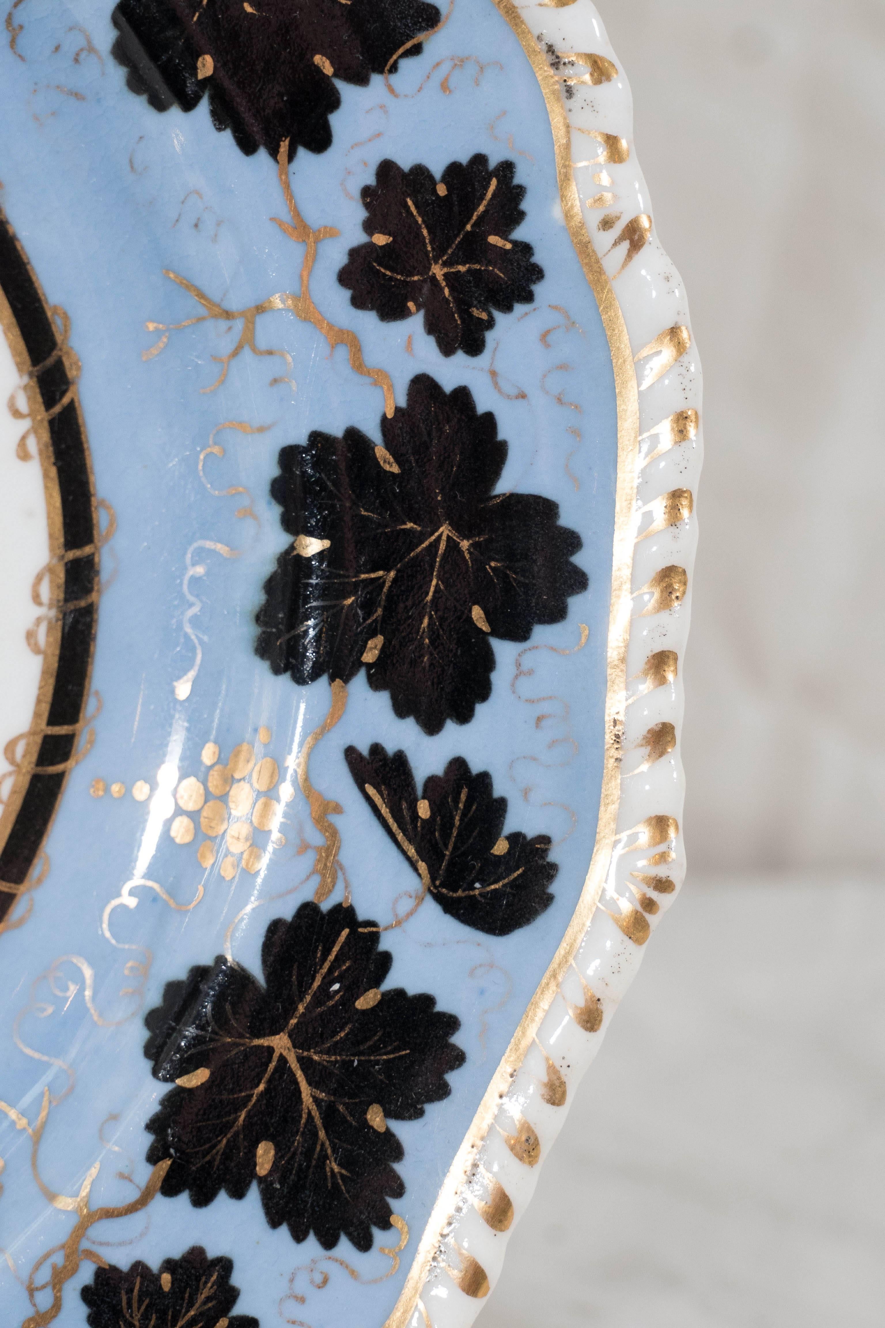 Antique Porcelain Light Blue Dishes Painted with Black Leaves (13 pieces NOT 15) In Excellent Condition In Katonah, NY