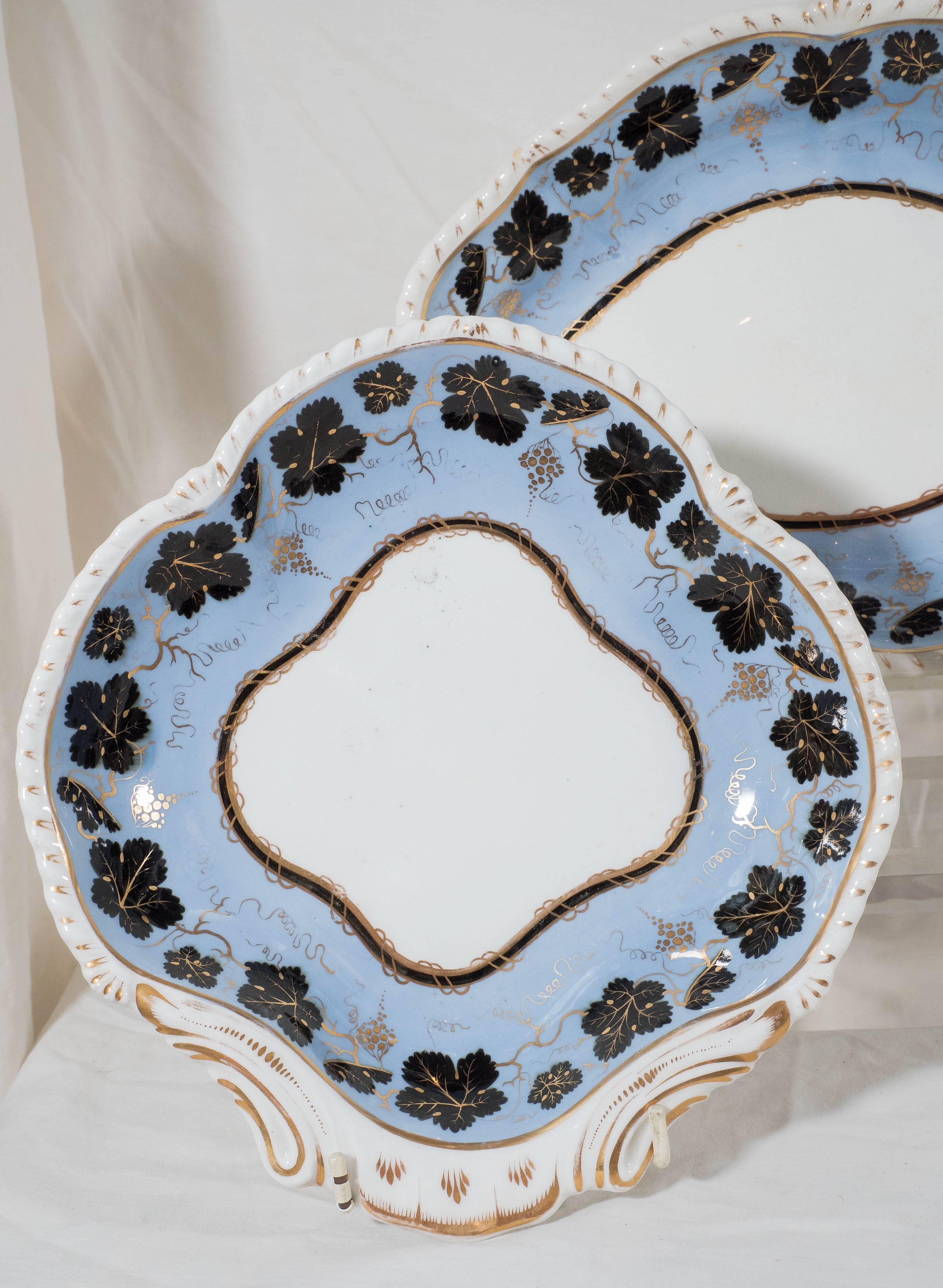 19th Century Antique Porcelain Light Blue Dishes Painted with Black Leaves (13 pieces NOT 15)