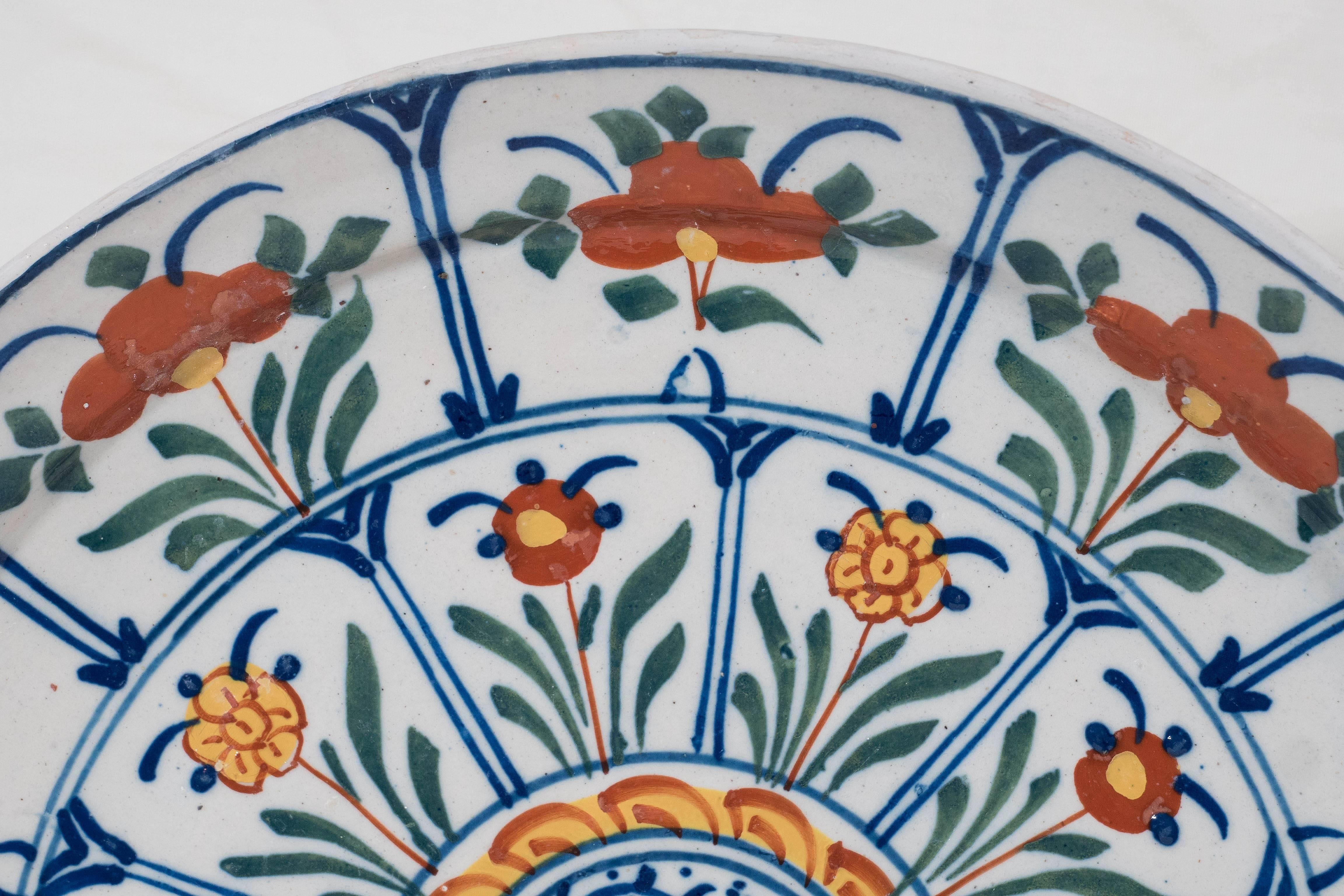 Rococo Pair Antique Delft Plates Polychrome Decorated