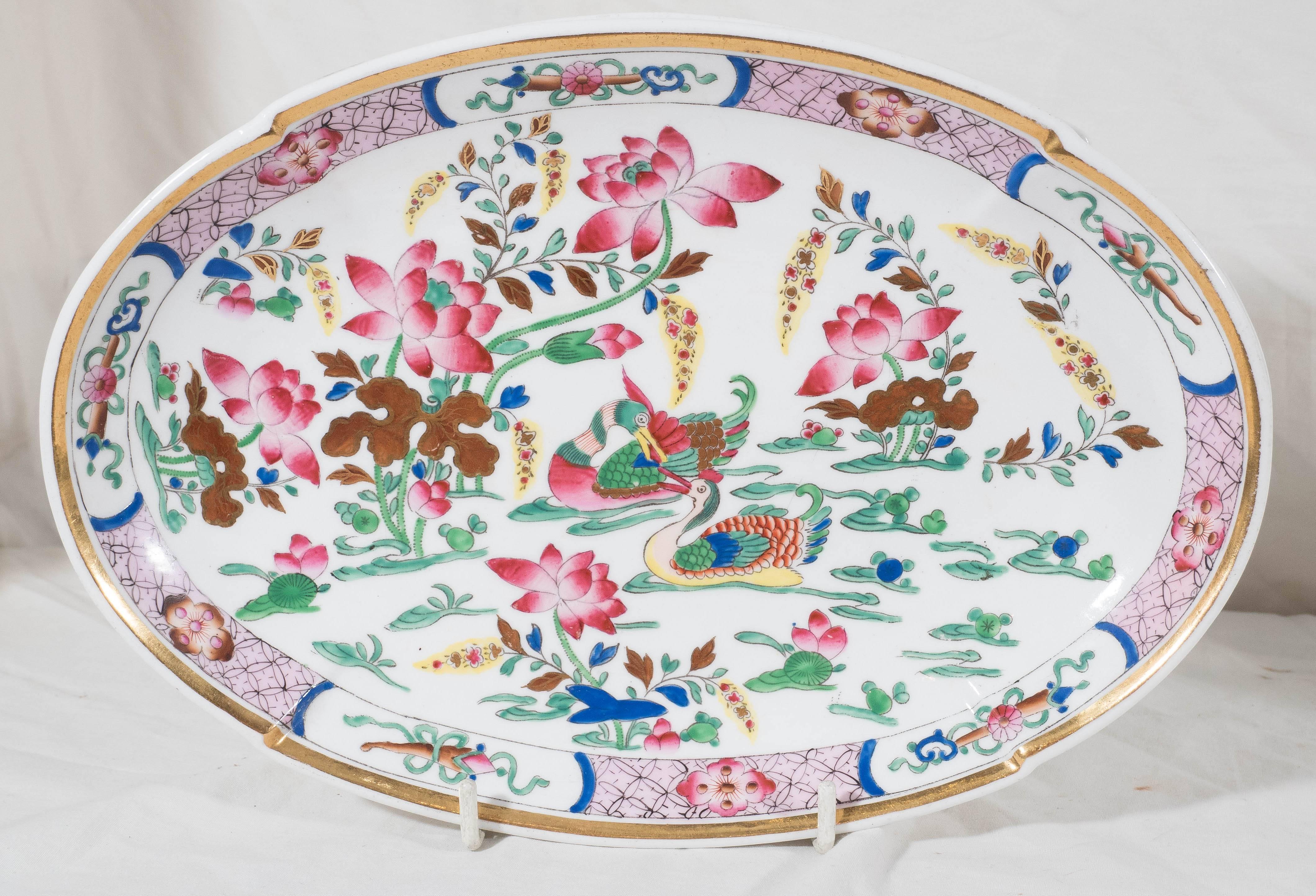 Enameled 16 Pink Antique Porcelain Dishes in the Mandarin Ducks Pattern Made circa 1820