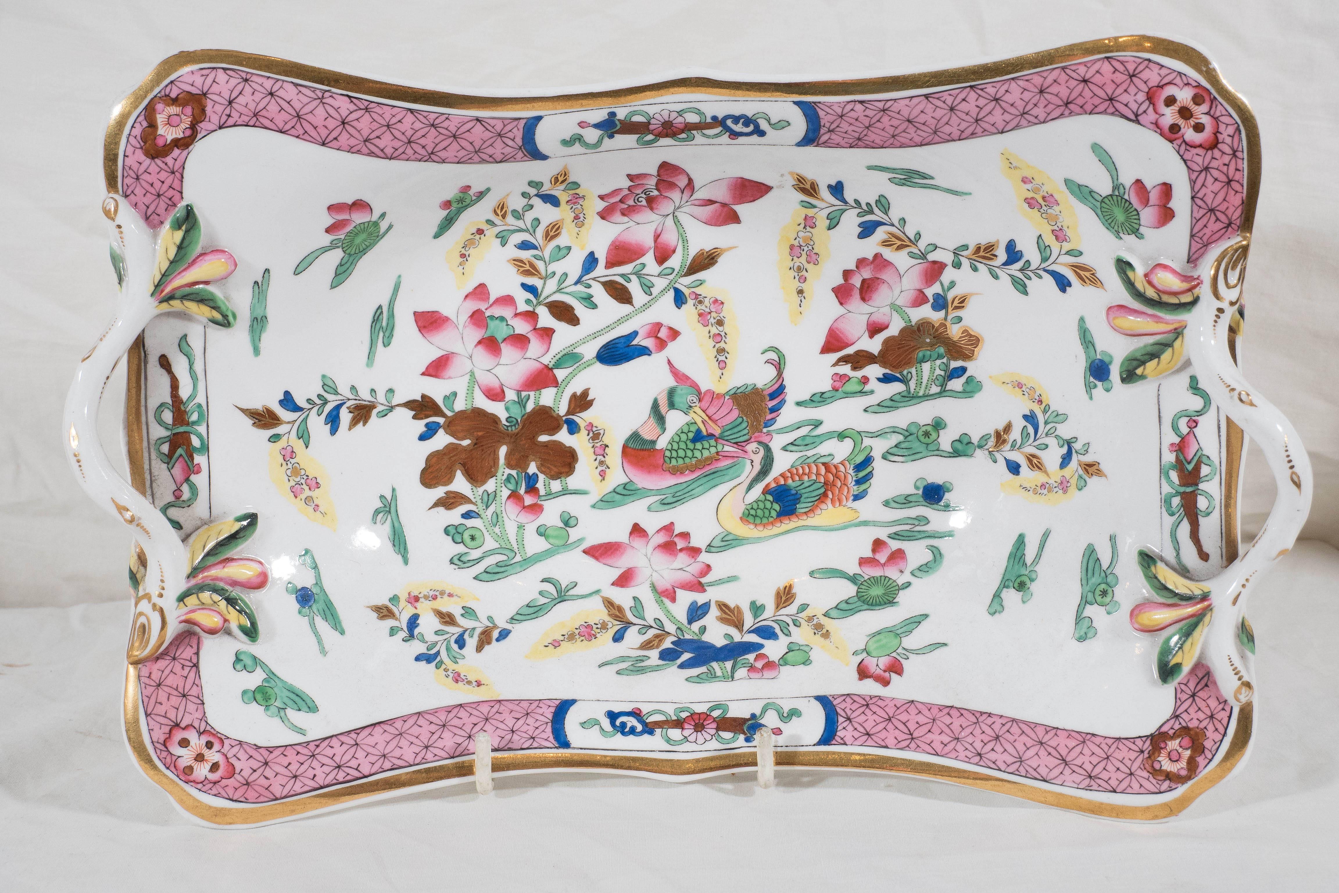 19th Century 16 Pink Antique Porcelain Dishes in the Mandarin Ducks Pattern Made circa 1820