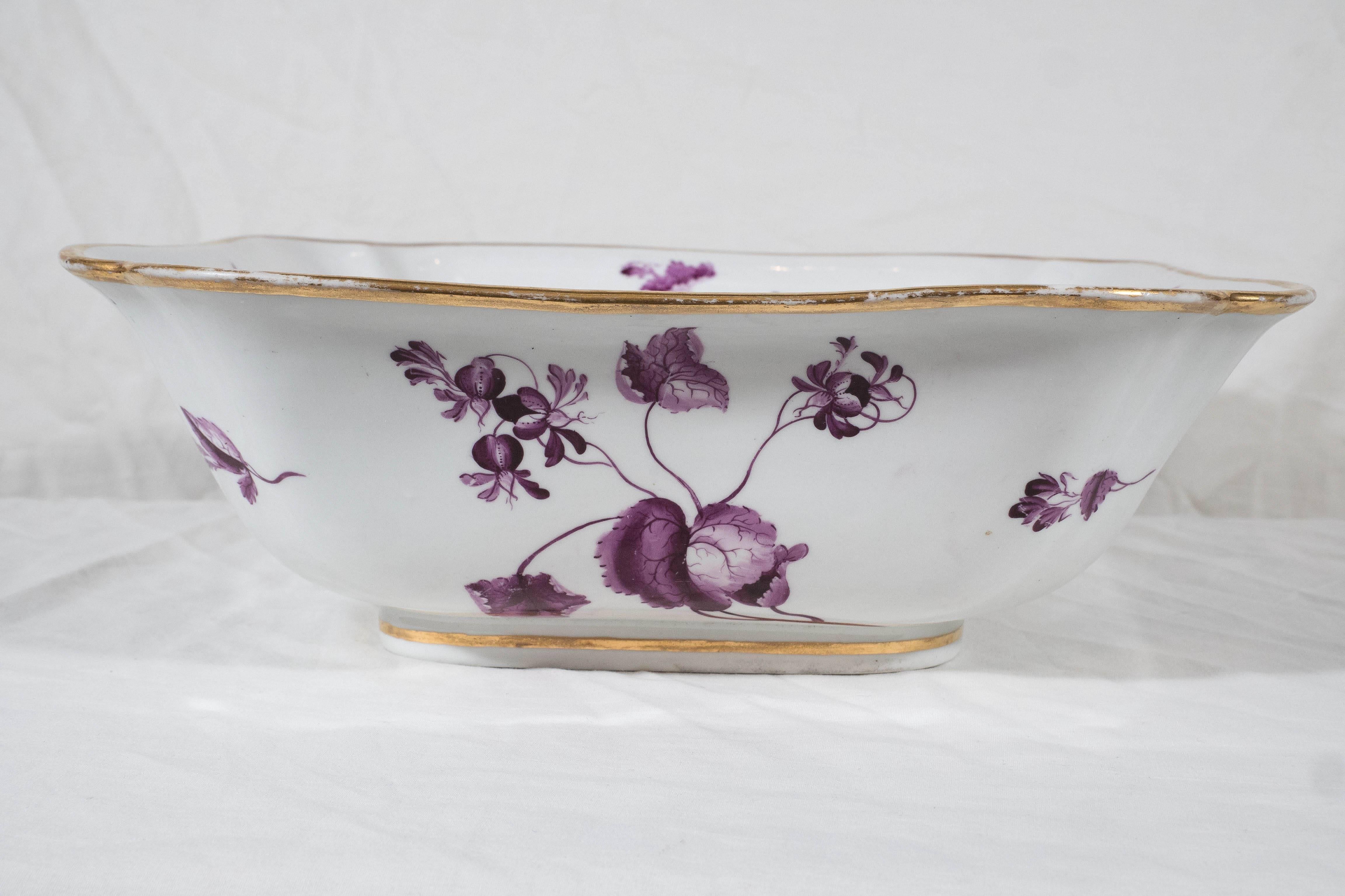 English Antique Worcester Porcelain Bowl Painted with Purple Flowers