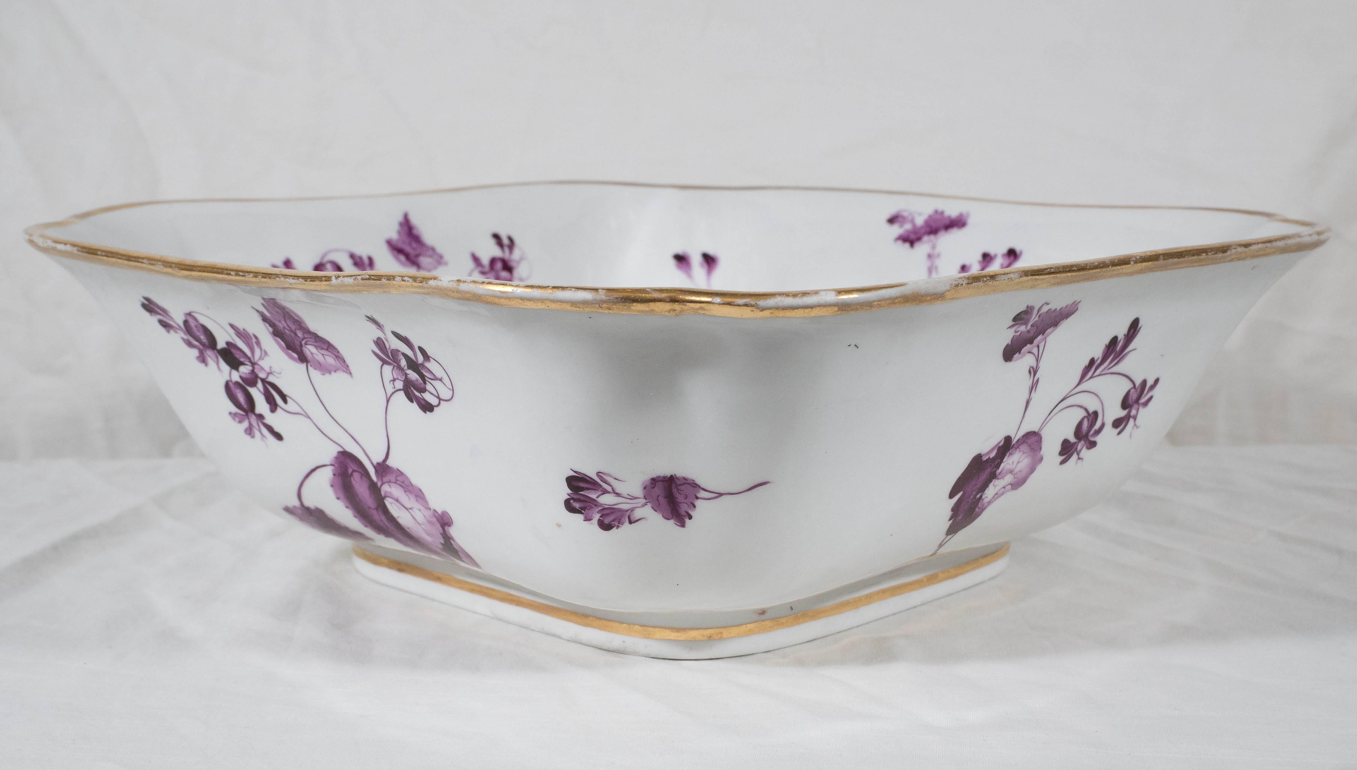 Antique Worcester Porcelain Bowl Painted with Purple Flowers 2