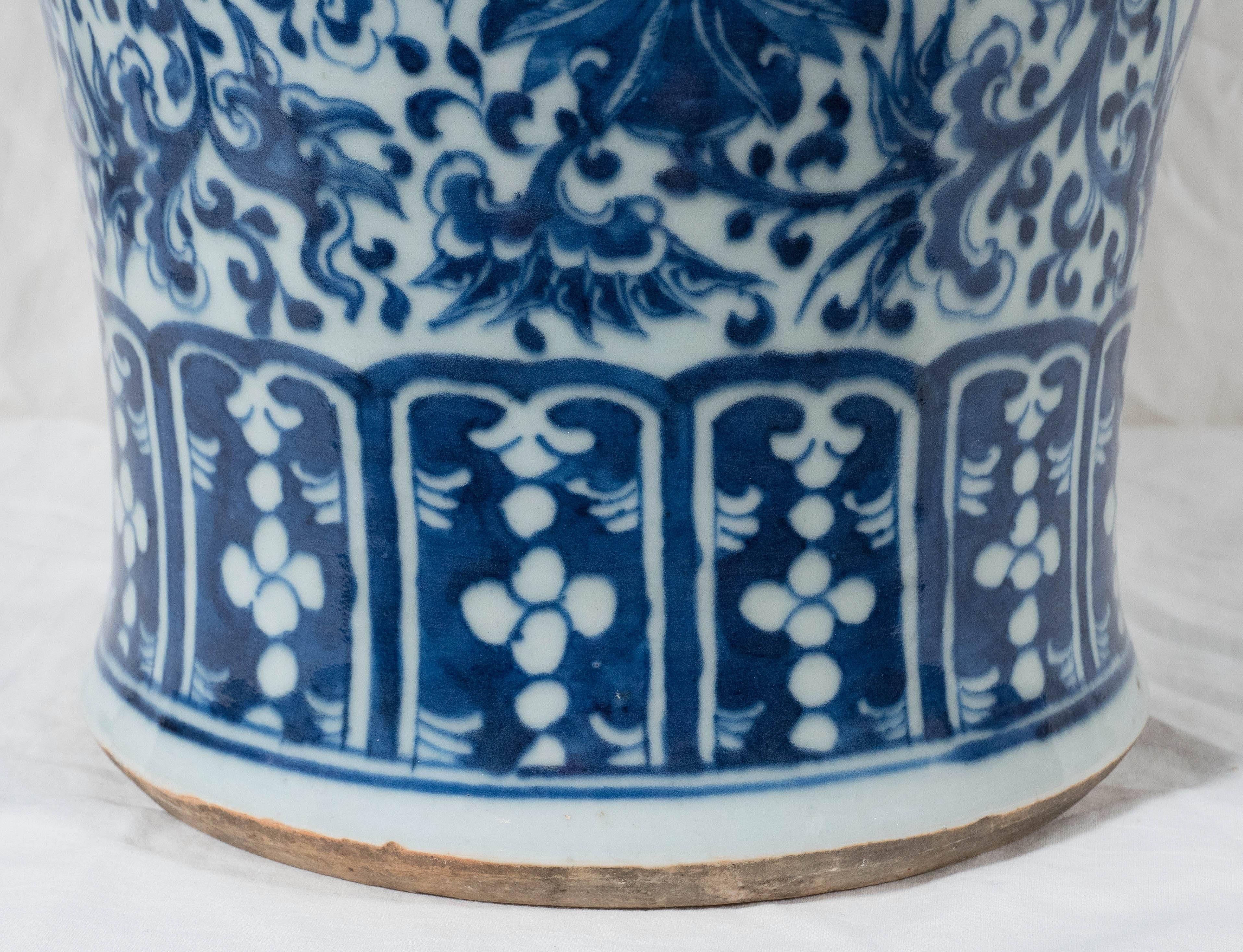 Pair Antique Chinese Porcelain Blue and White Temple Vases In Excellent Condition In Katonah, NY