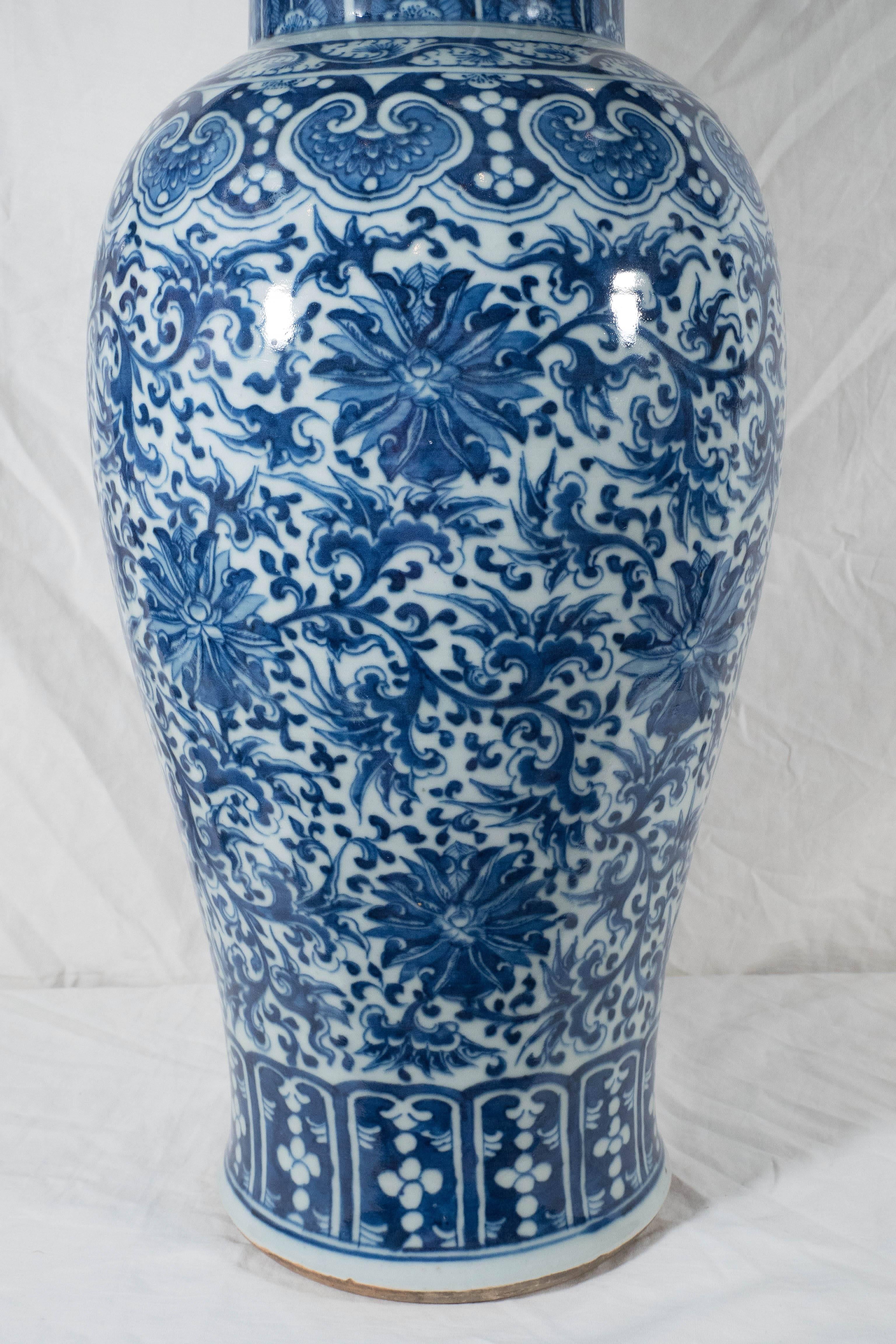 Qing Pair Antique Chinese Porcelain Blue and White Temple Vases