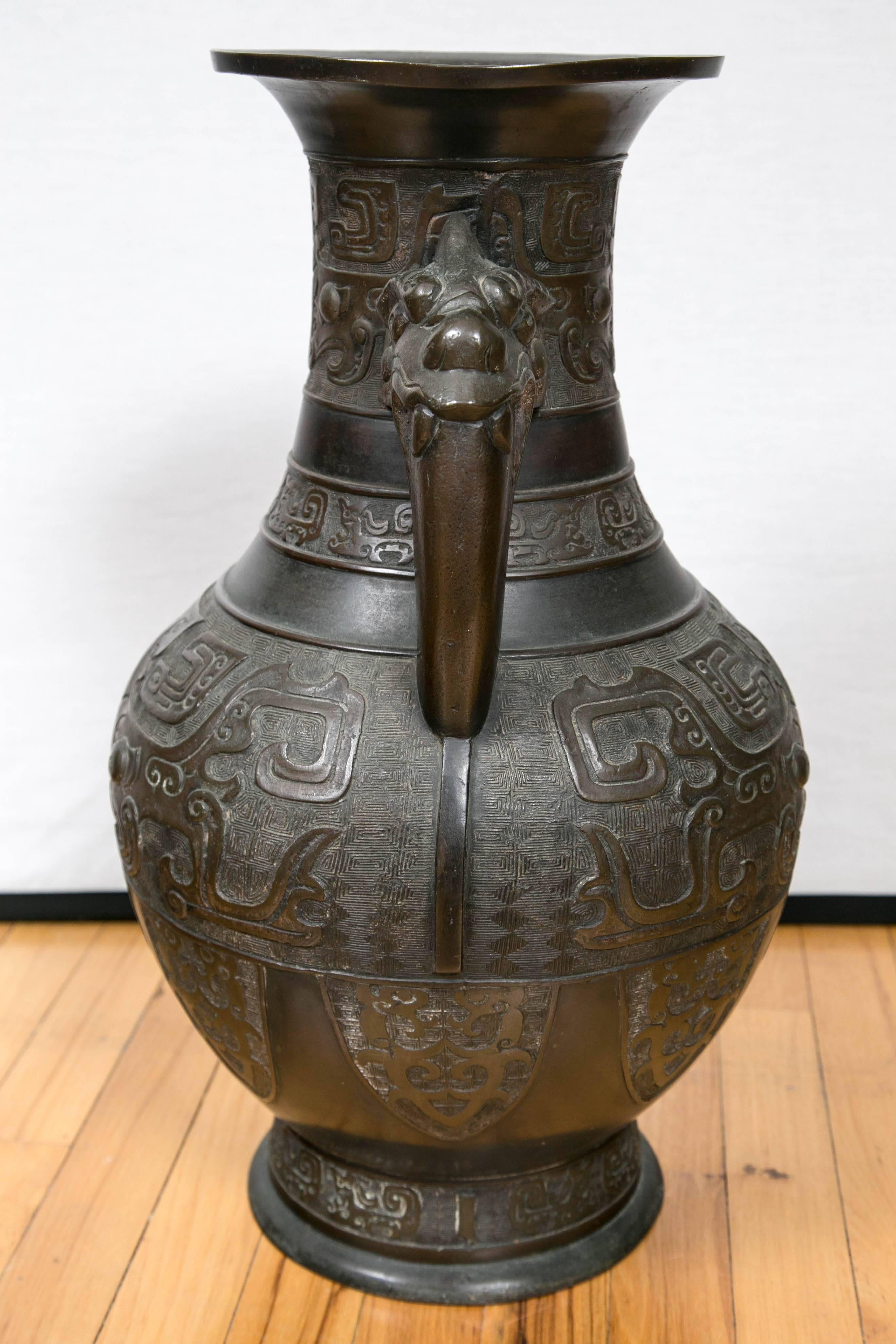 18th Century and Earlier Large Chinese Archaistic Black Patina Bronze Altar Vase For Sale