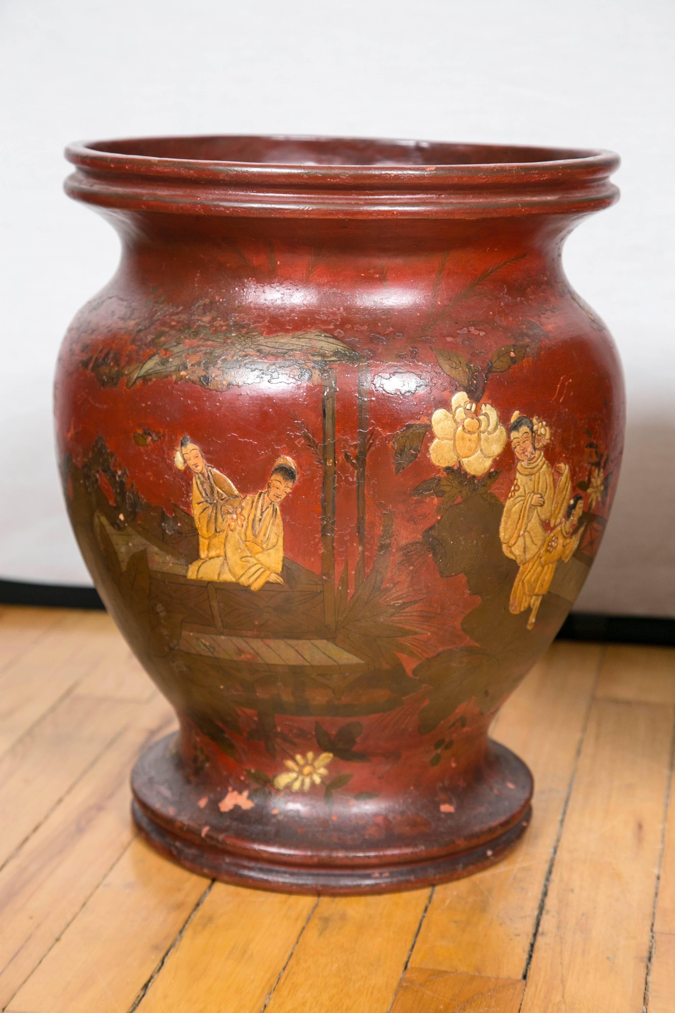 German Pair of 19th Century Red Lacquer Chinoiserie Jardinieres