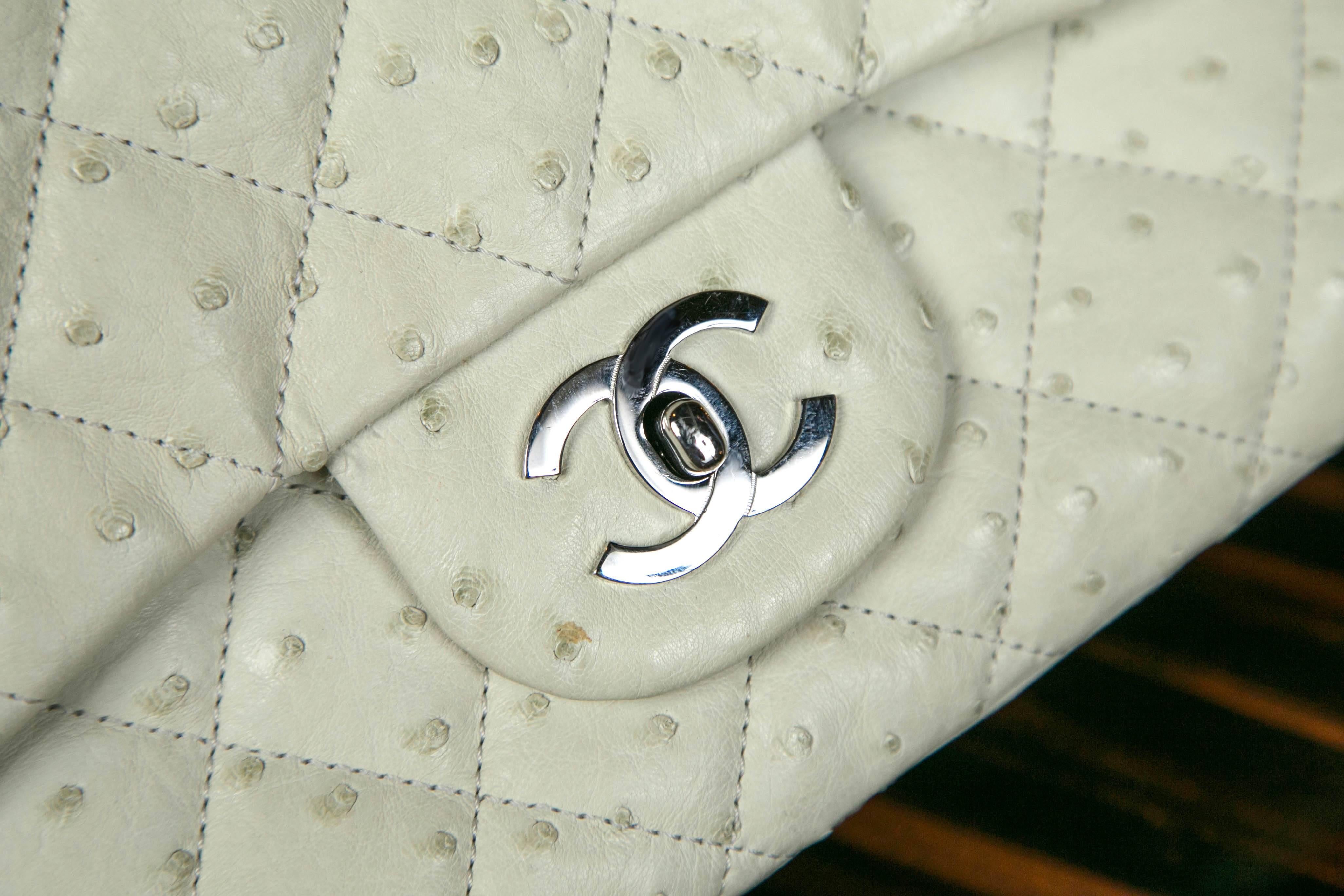 French Chanel Beige Ostrich Jumbo Classic-Pristine For Sale