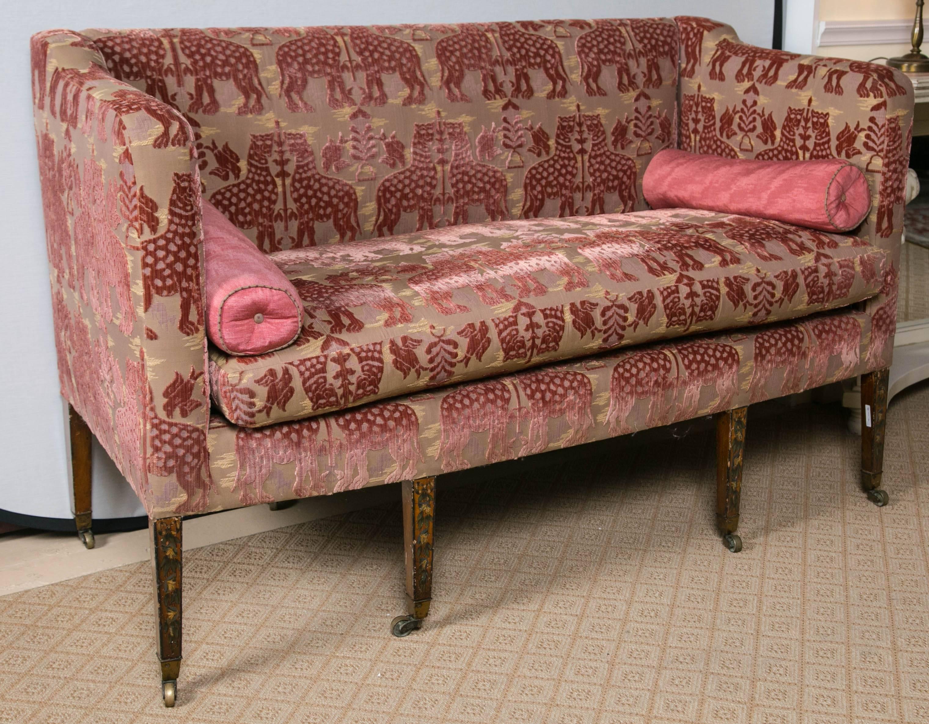 A 19th century Adams style settee with Giraffe upholstery. A fine paint decorated late 19th early 20th century Edwardian settee. This ... more 19th century Adams style settee with Giraffe upholstery. A fine paint decorated late 19th early 20th