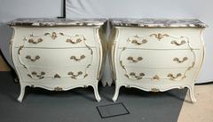 Pair of Louis XV Style Bombe Paint Decorated Marble-Top Chests