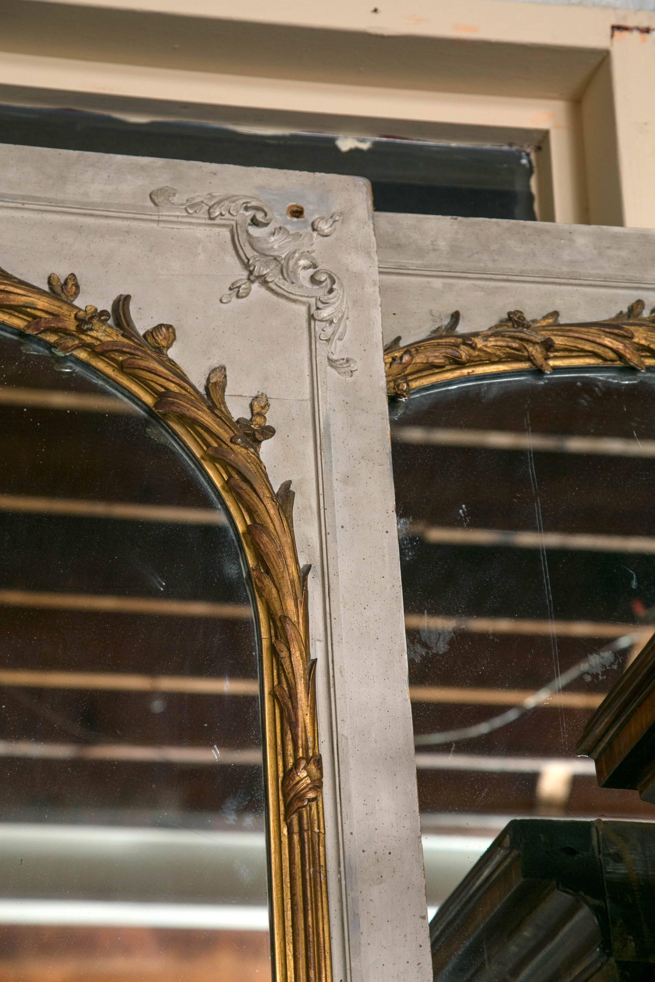 French Pair of 19th Century Monumental Parcel Gilt and Paint Decorated Trumeau Mirrors