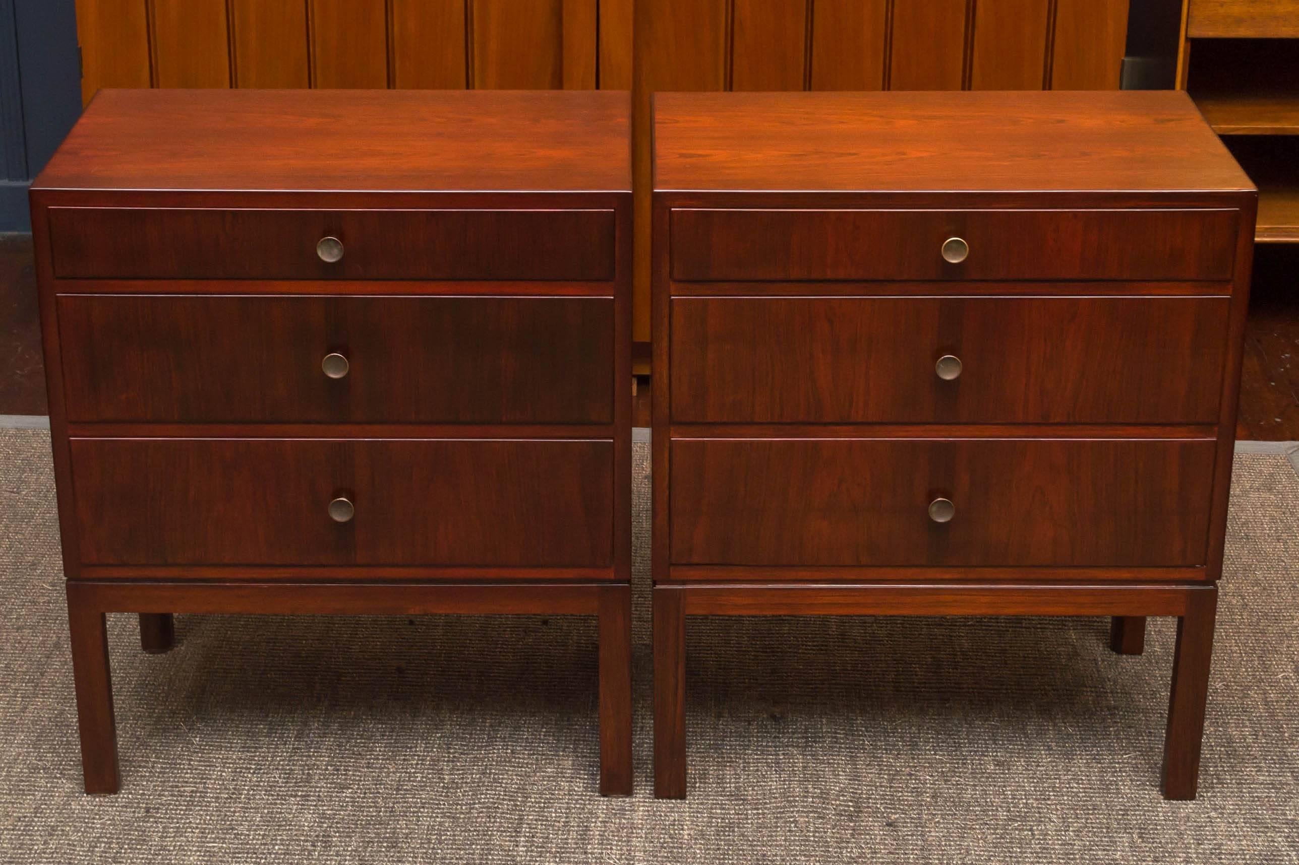 Rare pair of high quality rosewood side tables or nightstands by Thorald Madsens for Snedkeri, Denmark. 
Perfectly refinished and ideal for either end tables or nightstands, finished on the back so they can float in a room.