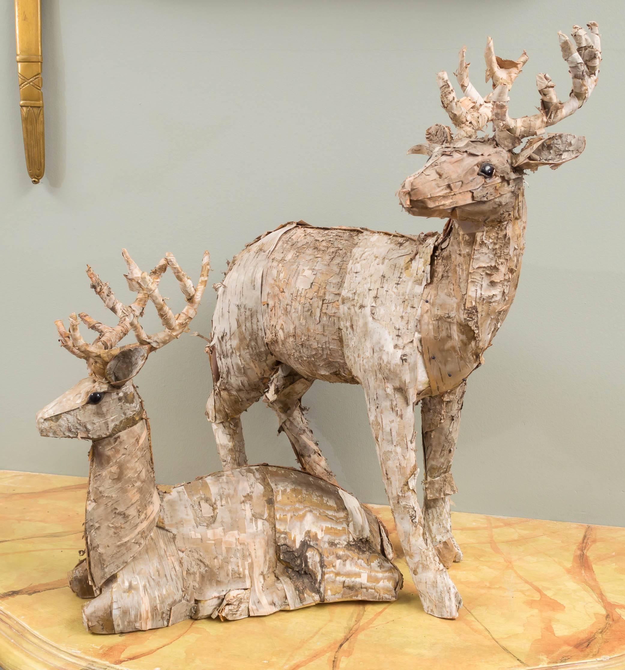 Carved Two Bark-Covered Figures of Deer