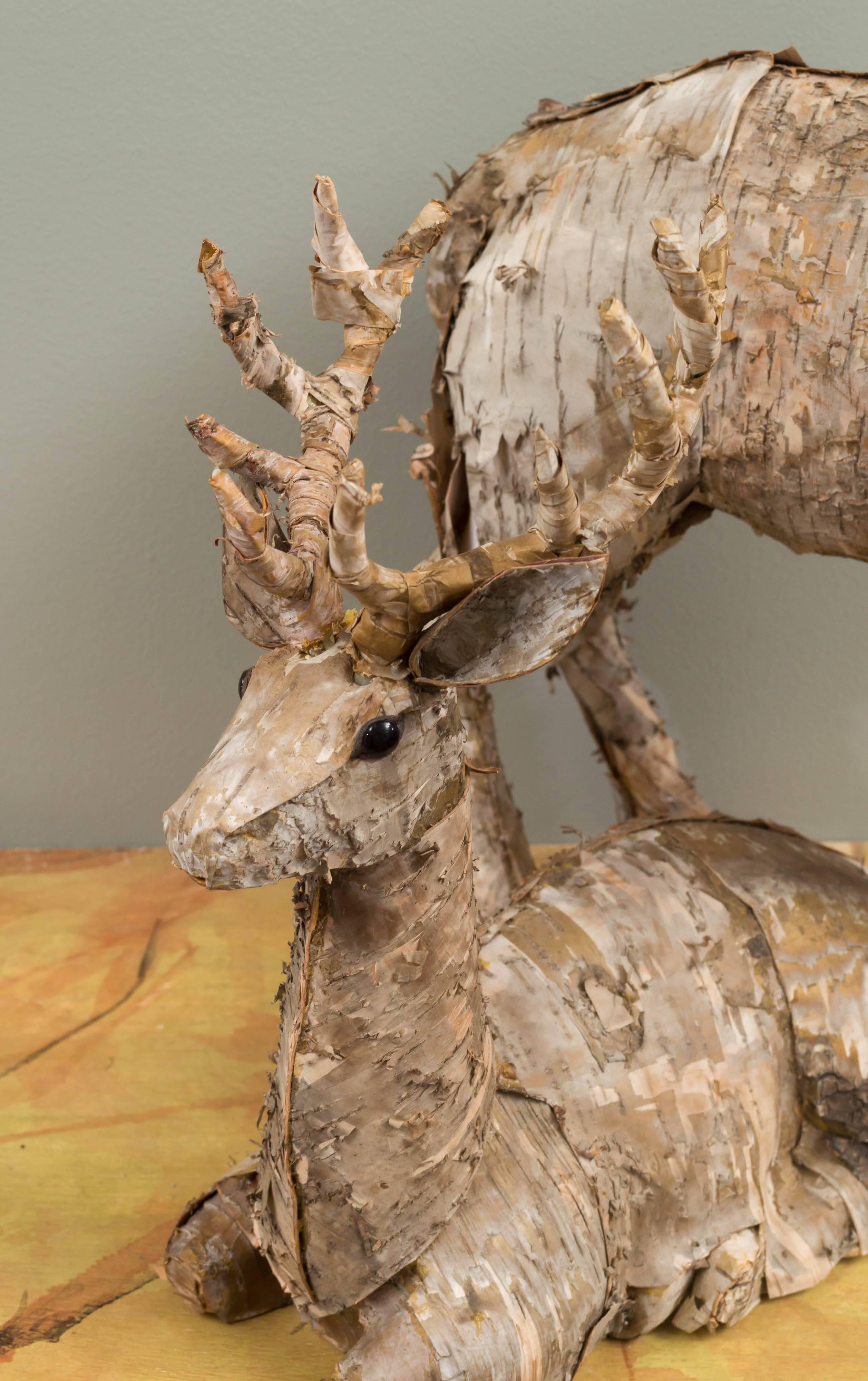 20th Century Two Bark-Covered Figures of Deer