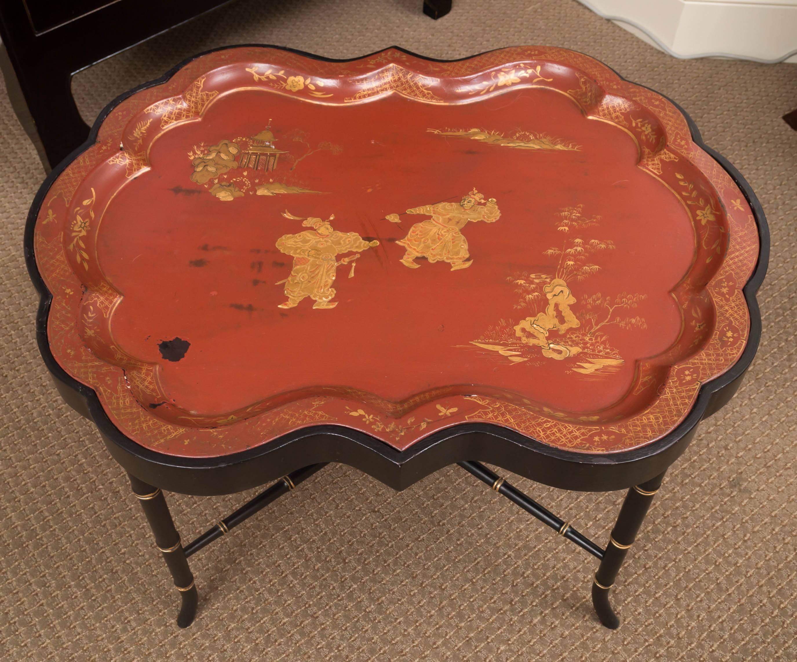 American Chinoiserie Tole Painted Tray Sitting on Custom Stand For Sale