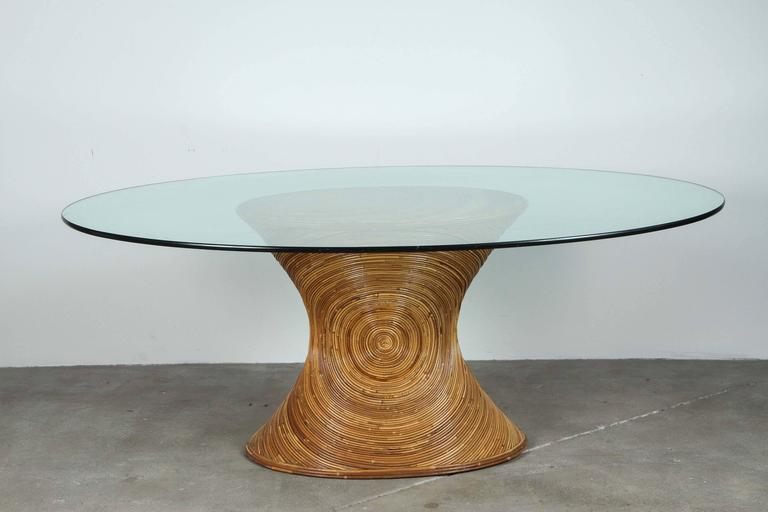 Rattan and Glass Oval Dining Table in the Style of Gabriella Crespi at