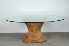 Rattan and Glass Oval Dining Table in the Style of Gabriella Crespi