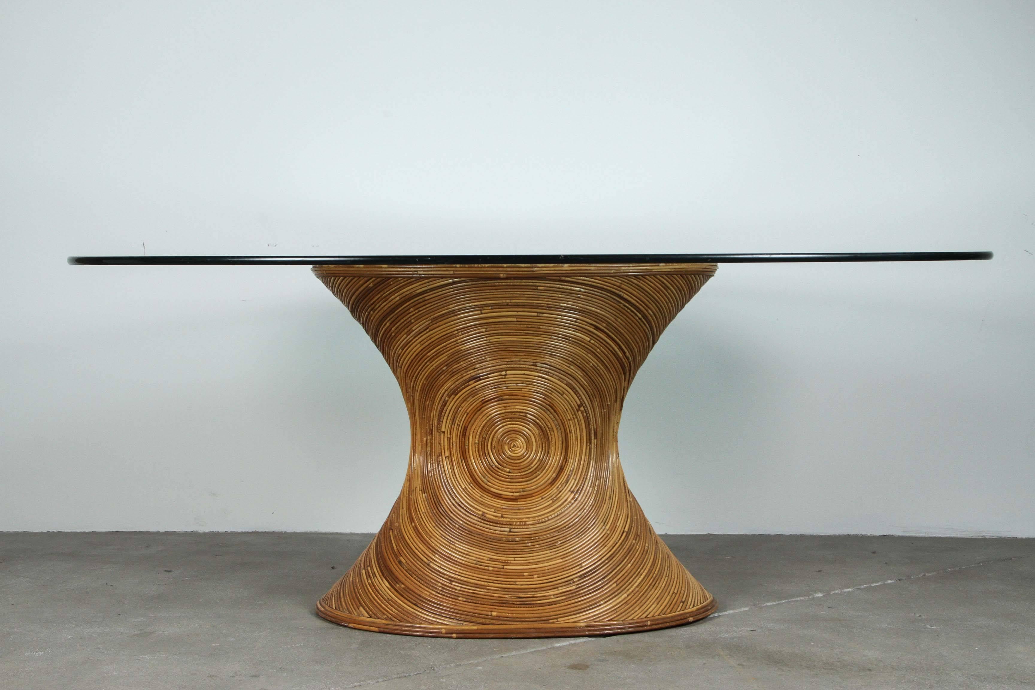 Rattan and Glass Oval Dining Table in the Style of Gabriella Crespi In Distressed Condition In Los Angeles, CA
