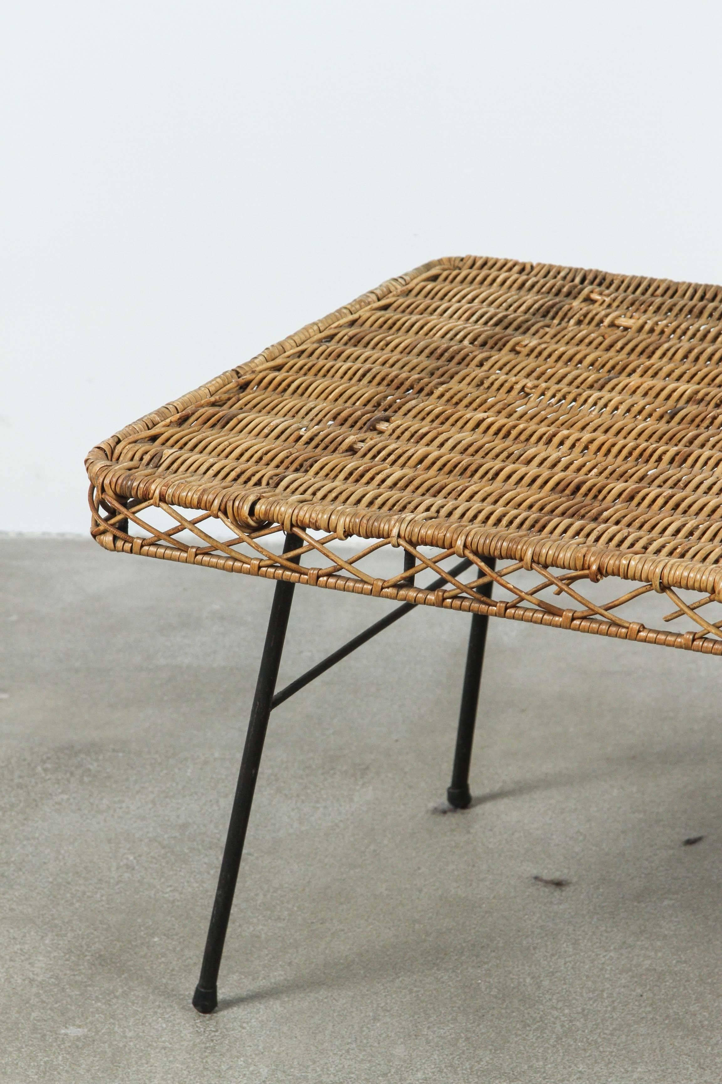 Mid-Century Modern Low Rattan and Iron Table