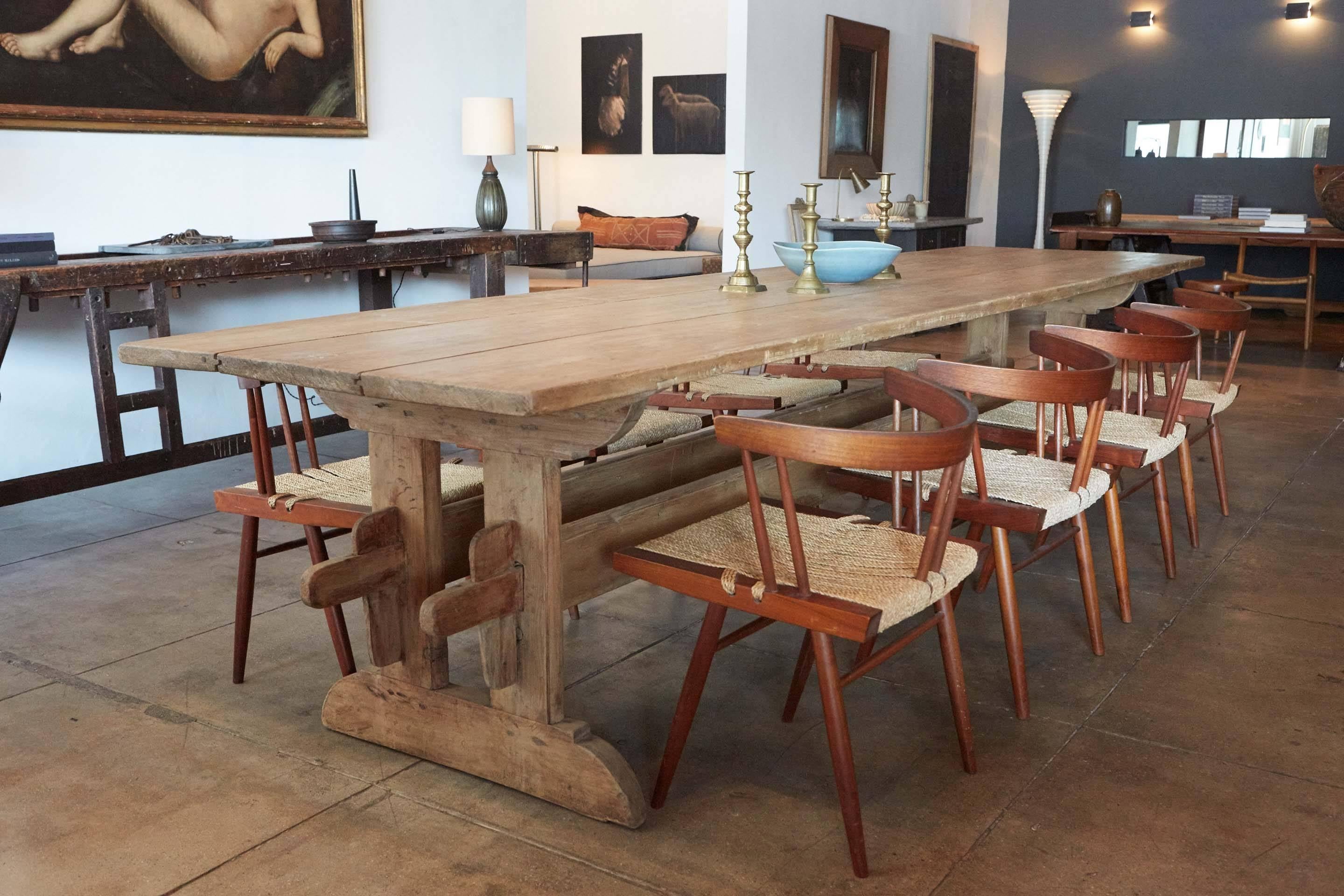 Originally used as a work or hall table but perfectly proportioned for dining or console. The table had to be completely re-doweled and properly strengthened upon arrival. The double stretchers are something we rarely see.