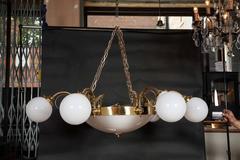 Pair of Grand Brass and Milk Glass Chandeliers