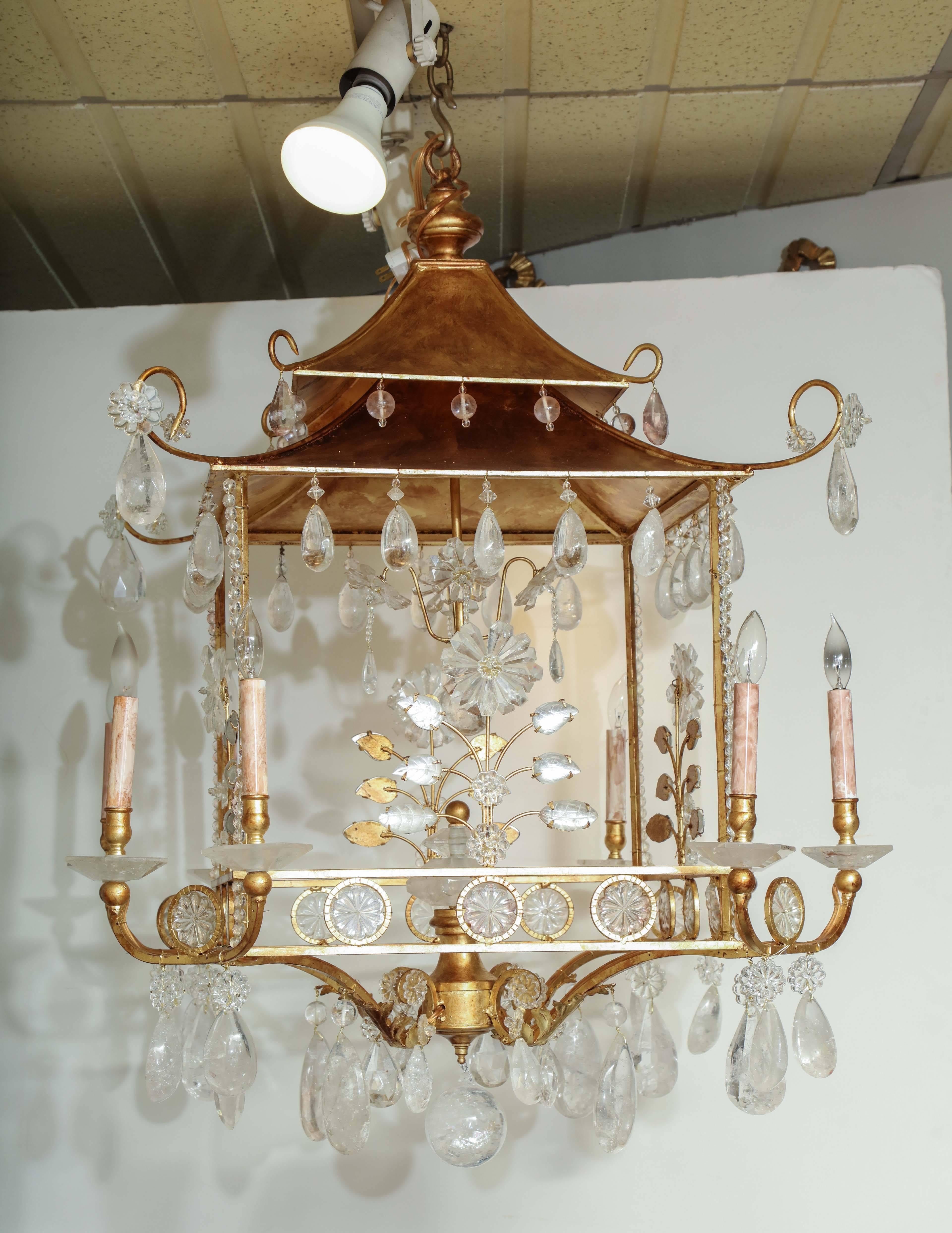 Gilded Pagoda-Form Rock Crystal Chandelier In Excellent Condition In Westwood, NJ