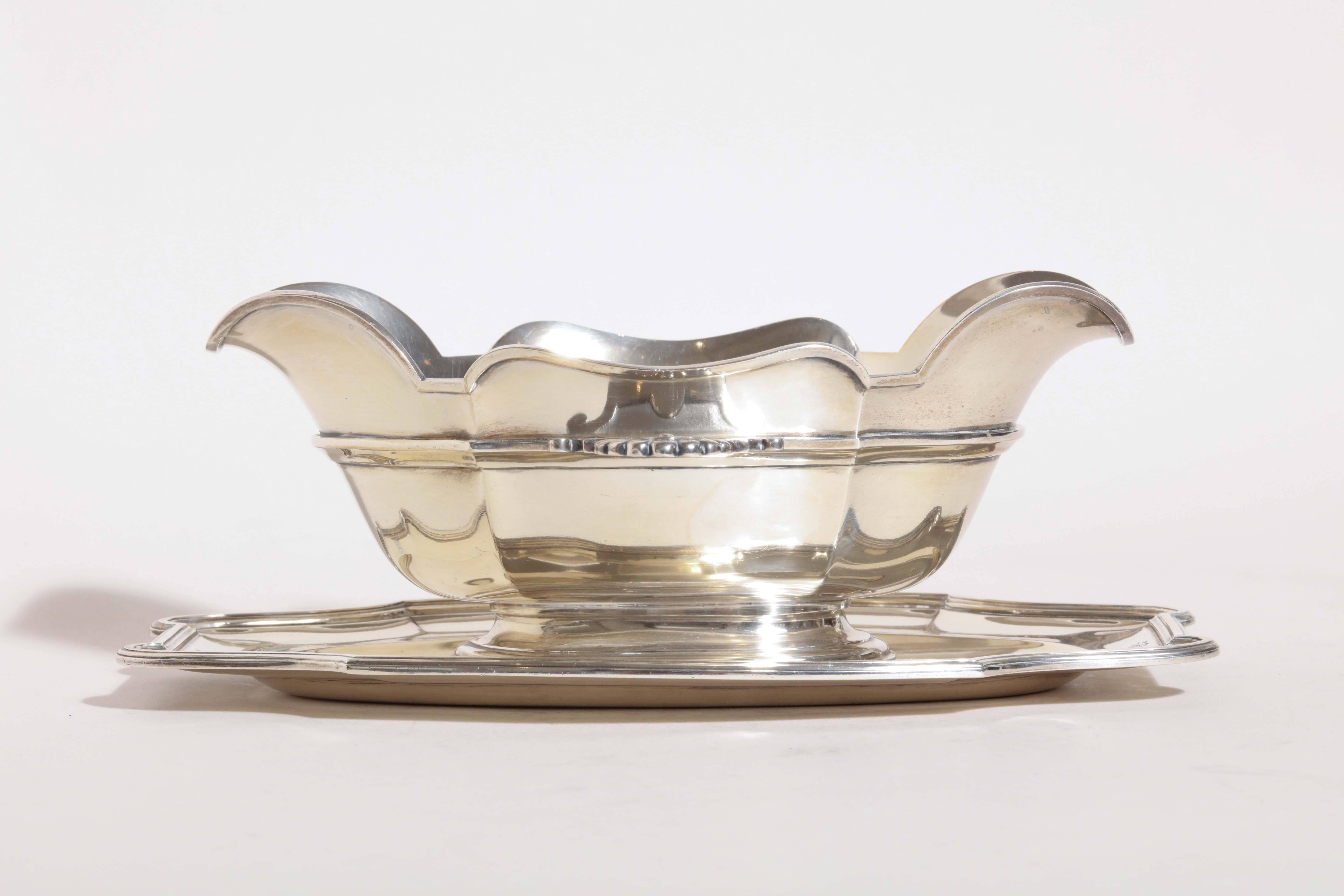 Robert Linzeler French Art Deco Silver Sauciere Mounted on Tray For Sale 1