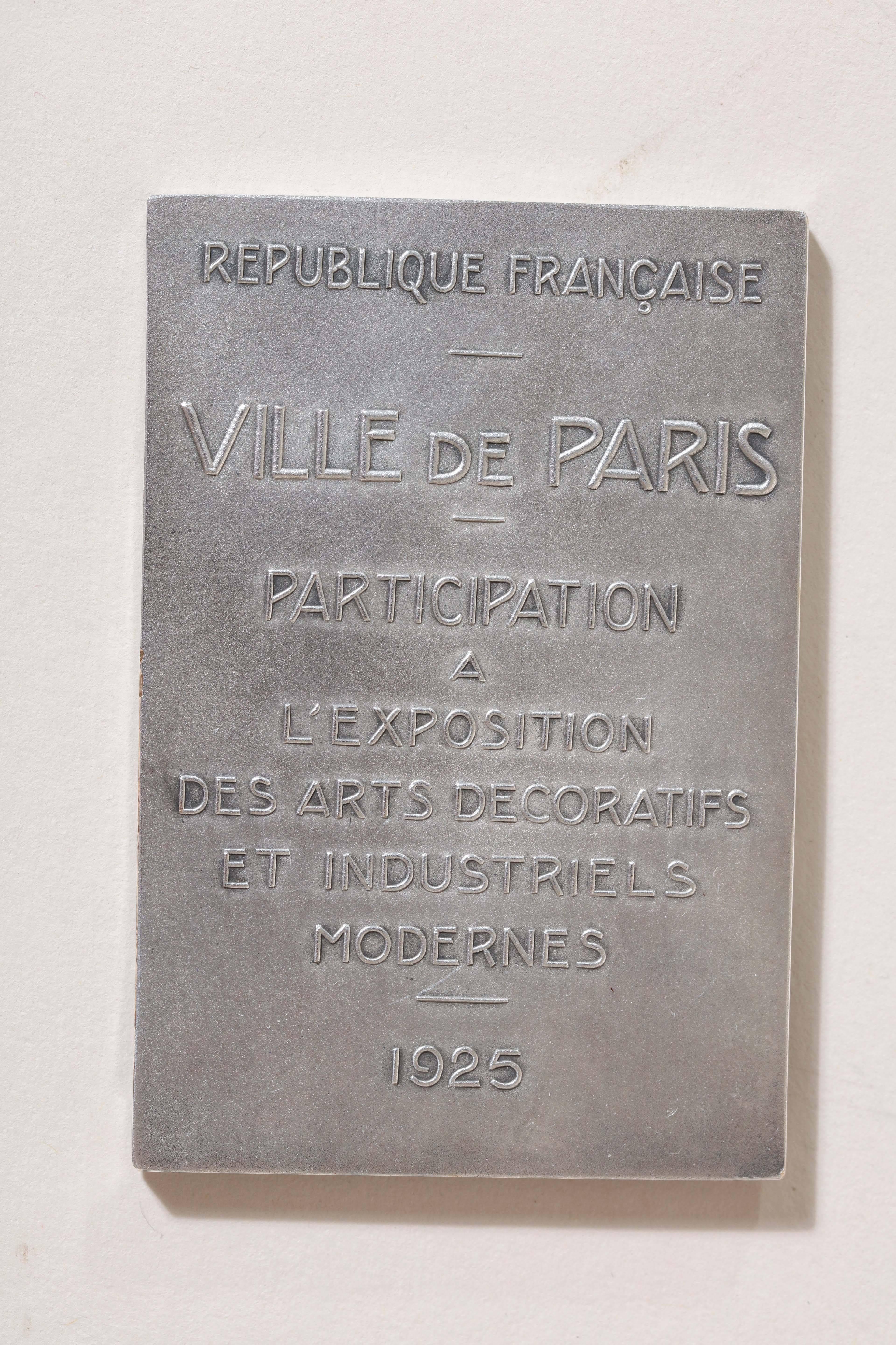 French Art Deco Silvered Bronze Medal for Participation in 1925 Paris Exposition For Sale 1