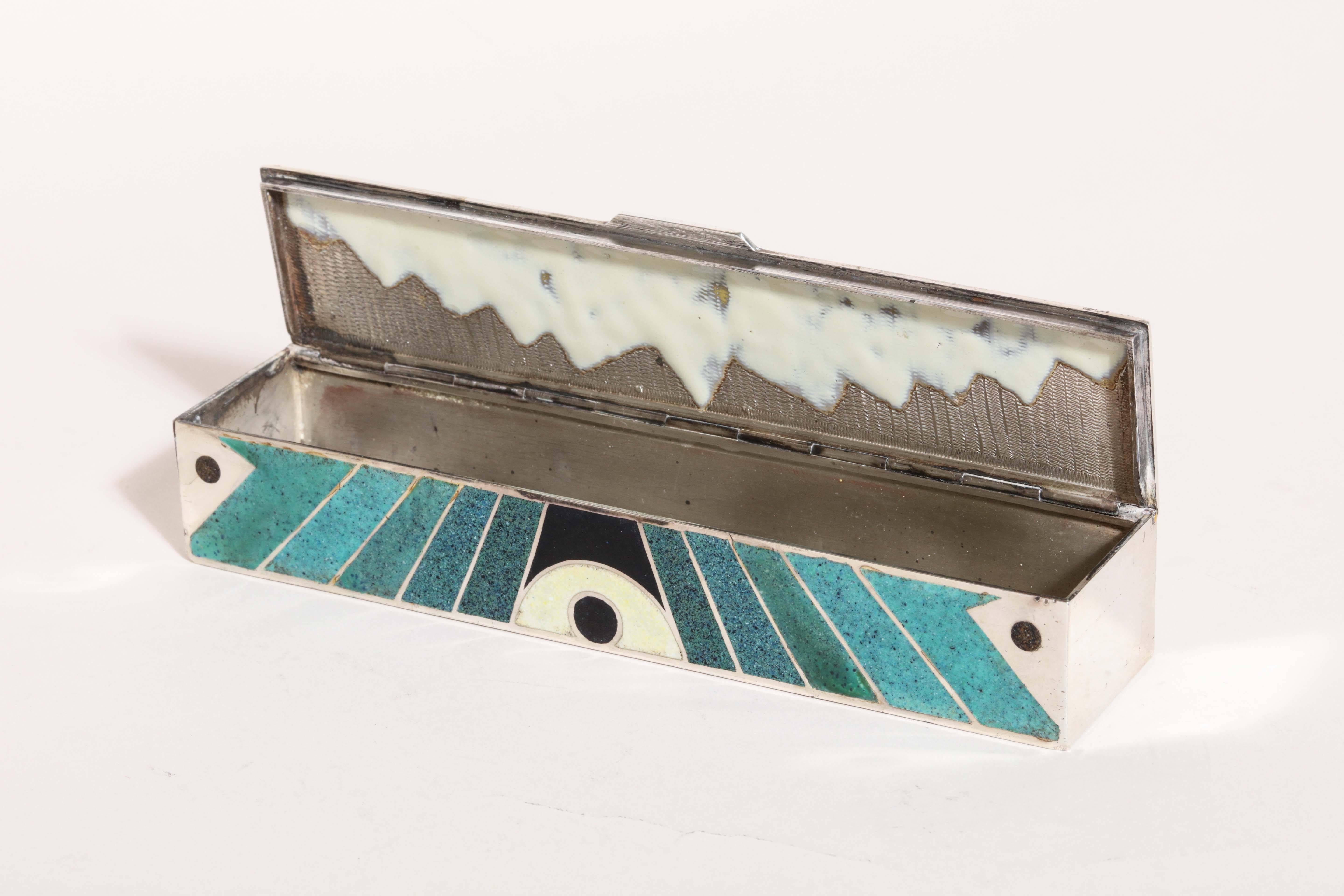 Jean Goulden French Art Deco Sterling Silver Champlevé Enamel Box (Französisch) im Angebot