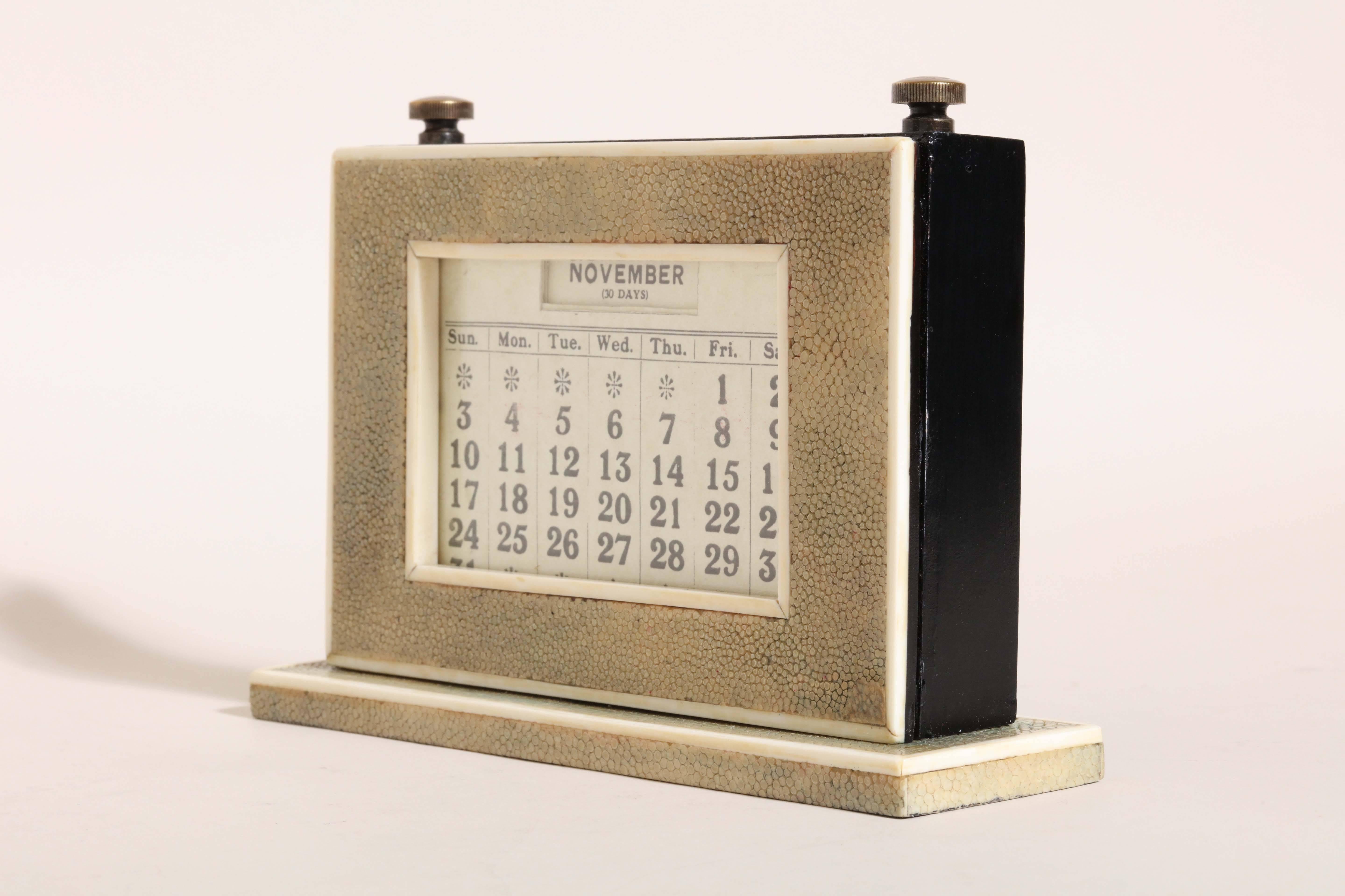 W.J. Myatt English Art Deco Shagreen Perpetual Calendar For Sale 1