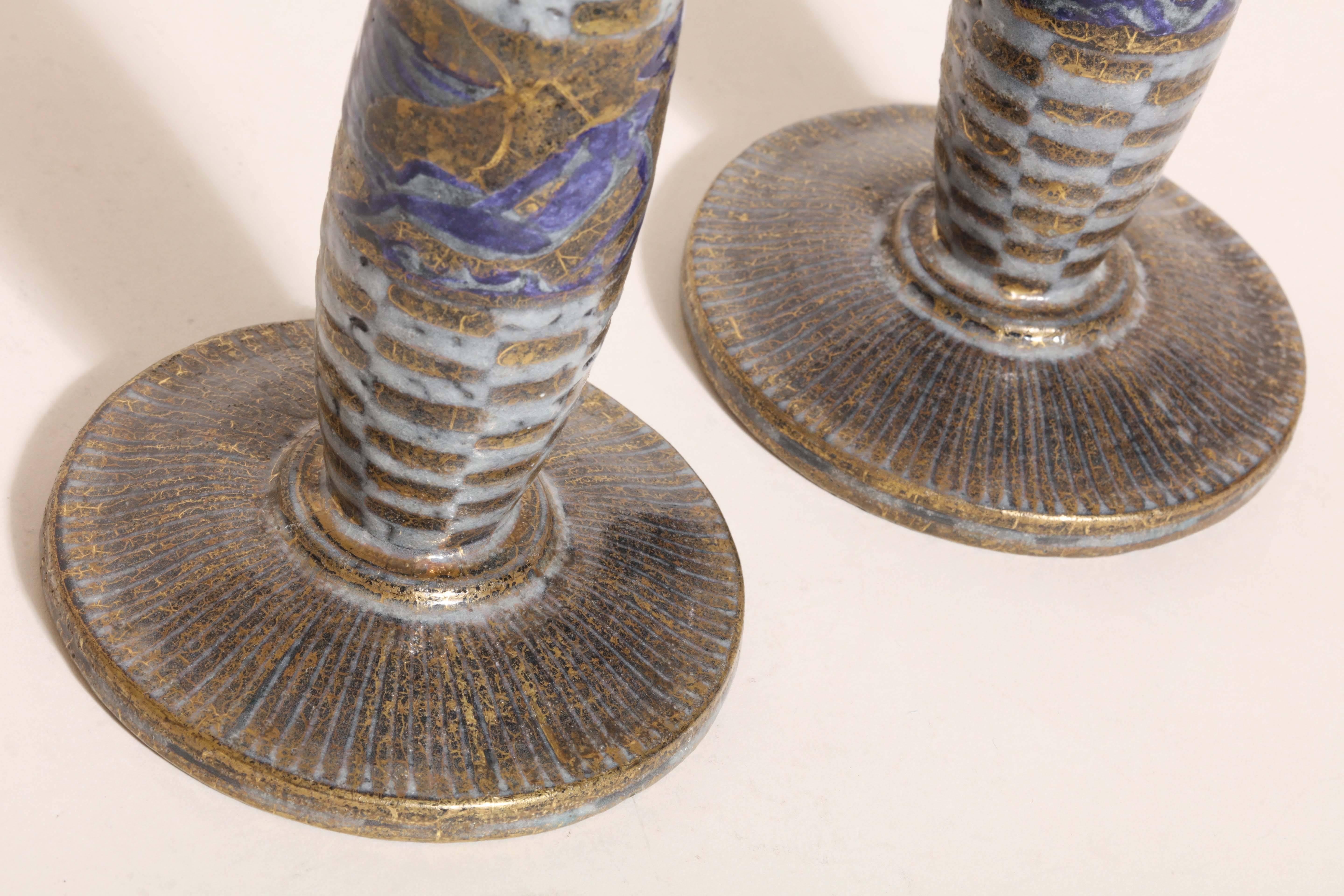 Jean Mayodon French Art Deco Pair of Ceramic Candlesticks For Sale 1