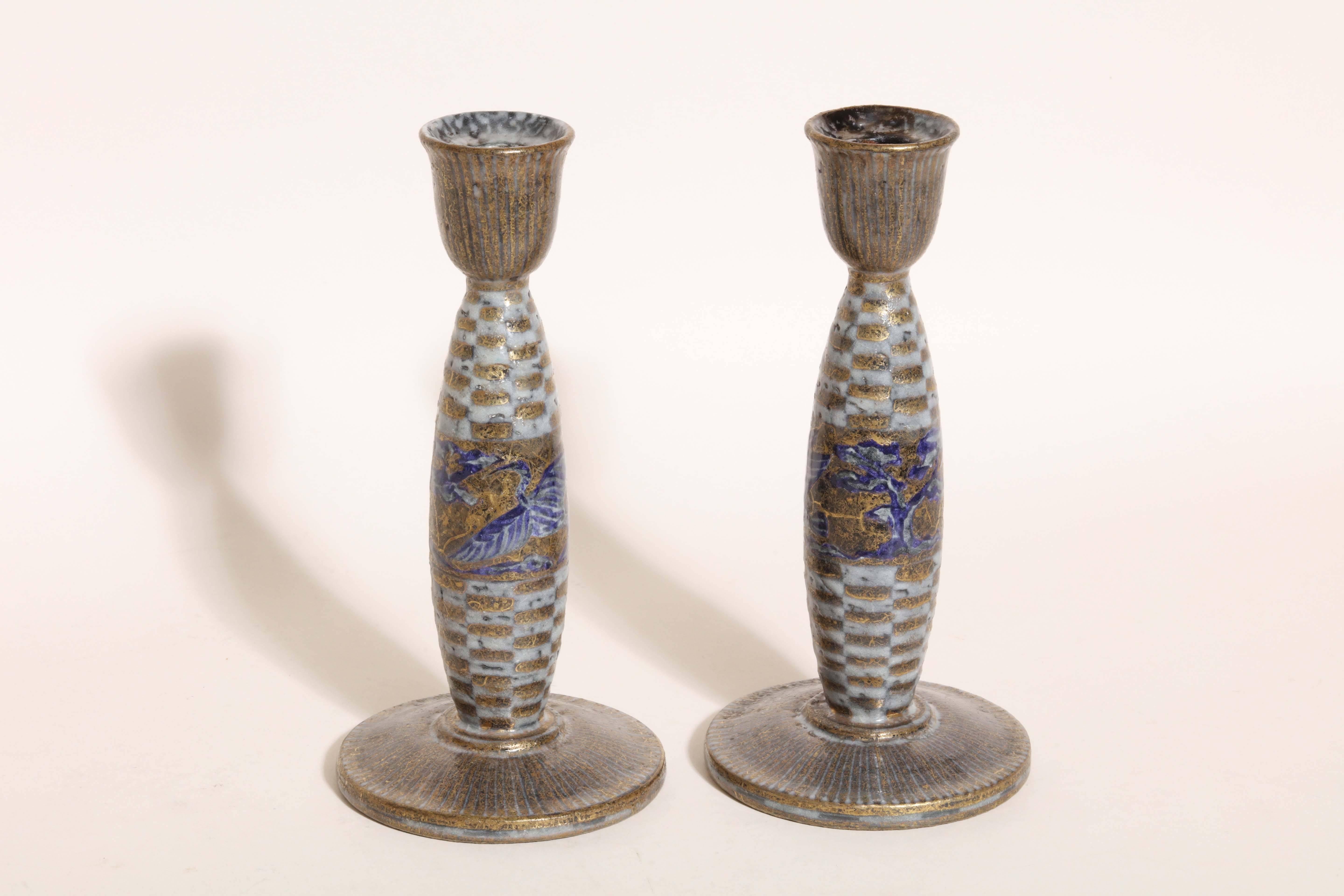 Jean Mayodon French Art Deco Pair of Ceramic Candlesticks For Sale 3