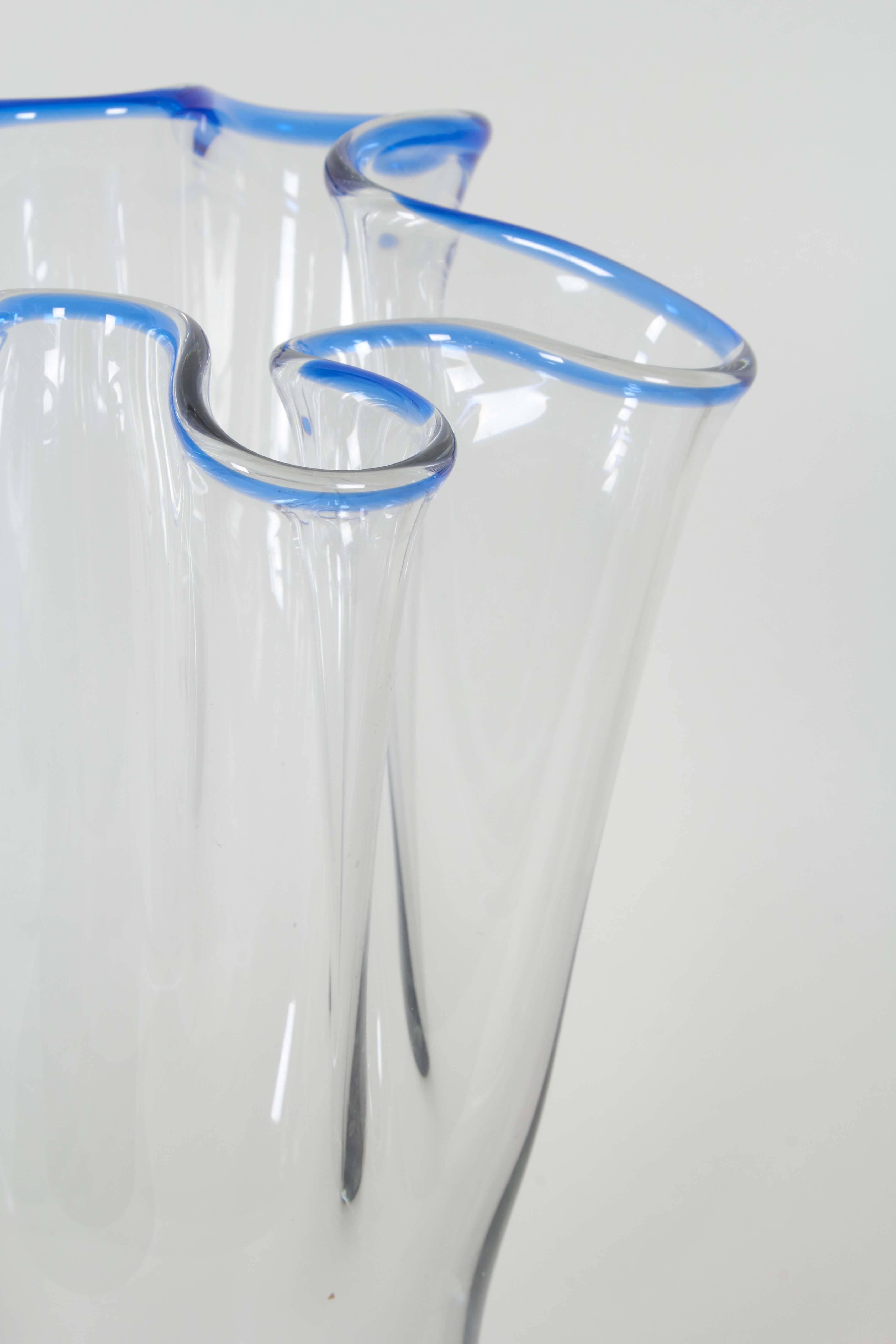 20th Century Art Glass Handkerchief Vase with Blue Rim For Sale