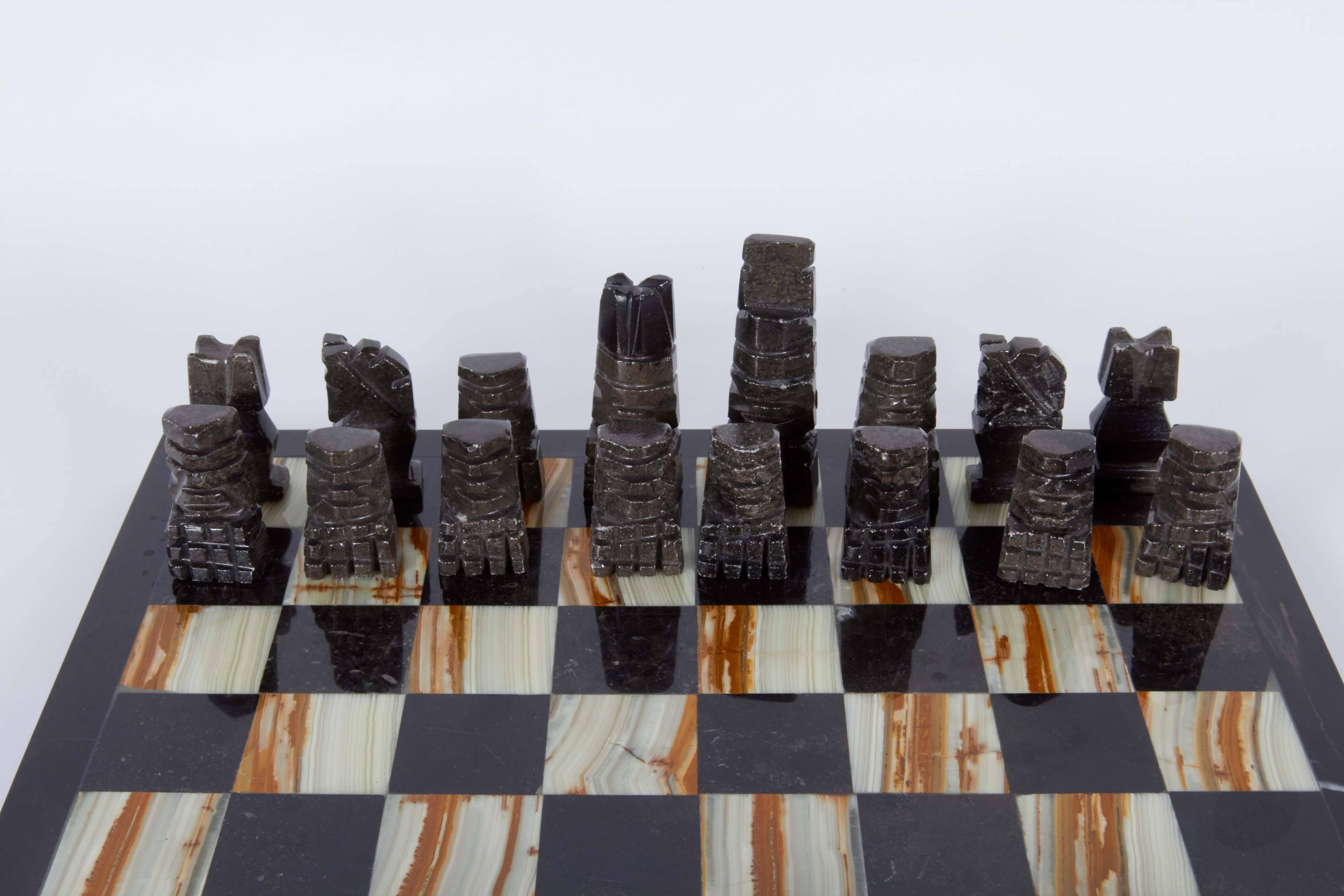 Carved Mid-Century Onyx and Marble Chess Set