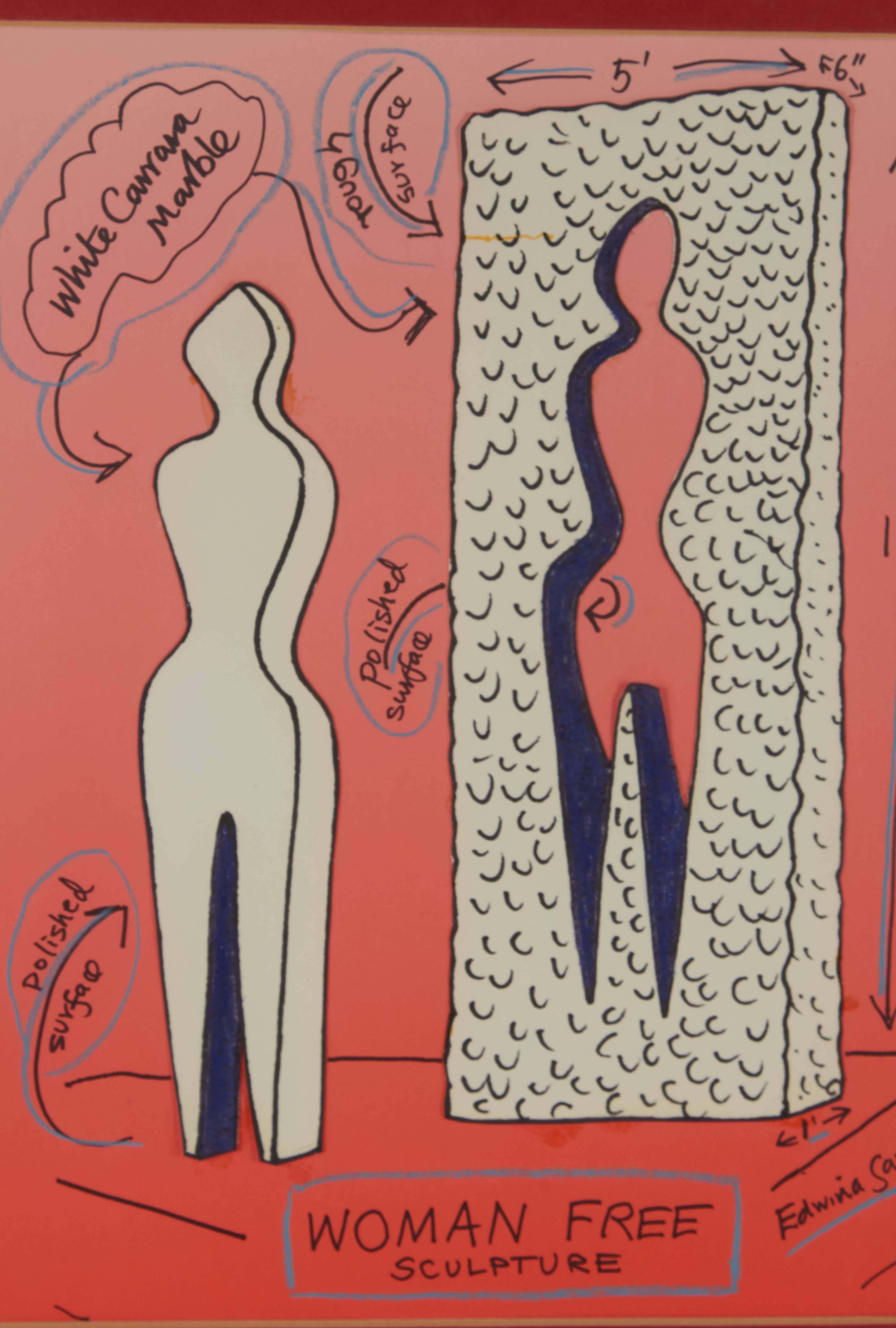 Edwina Sandys (British, b. 1938)

"Woman Free"
mixed-media on paper.
signed, lower right corner
Sight: 13.5" H x 10.5" W.
Framed: 20.5" H x 16.5" W x 1" D.

A mixed-media on paper, created by artist Edwina Sandys,