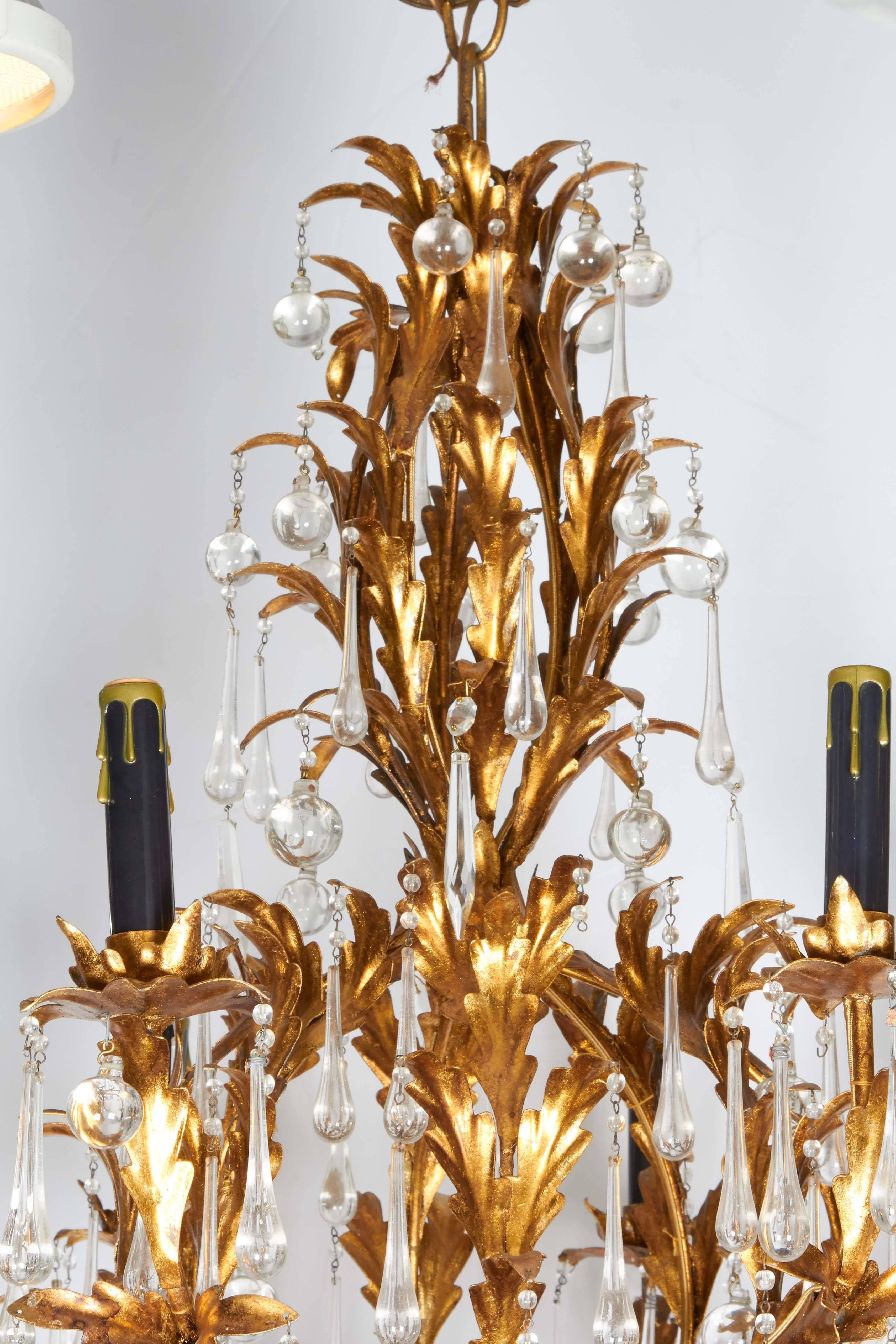 Hollywood Regency Gilt Tole Eight-Light Chandelier with Crystal Drops