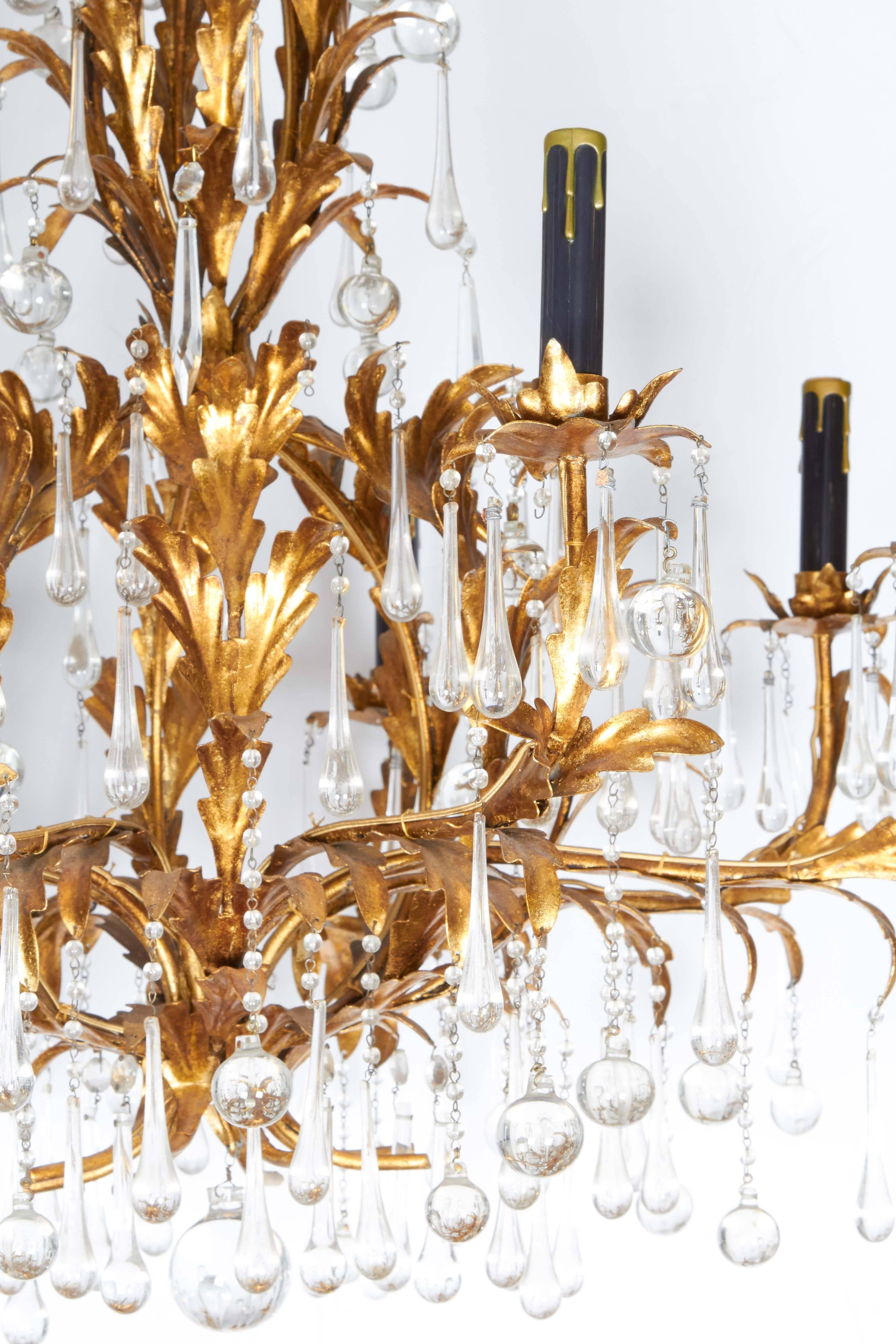 20th Century Gilt Tole Eight-Light Chandelier with Crystal Drops