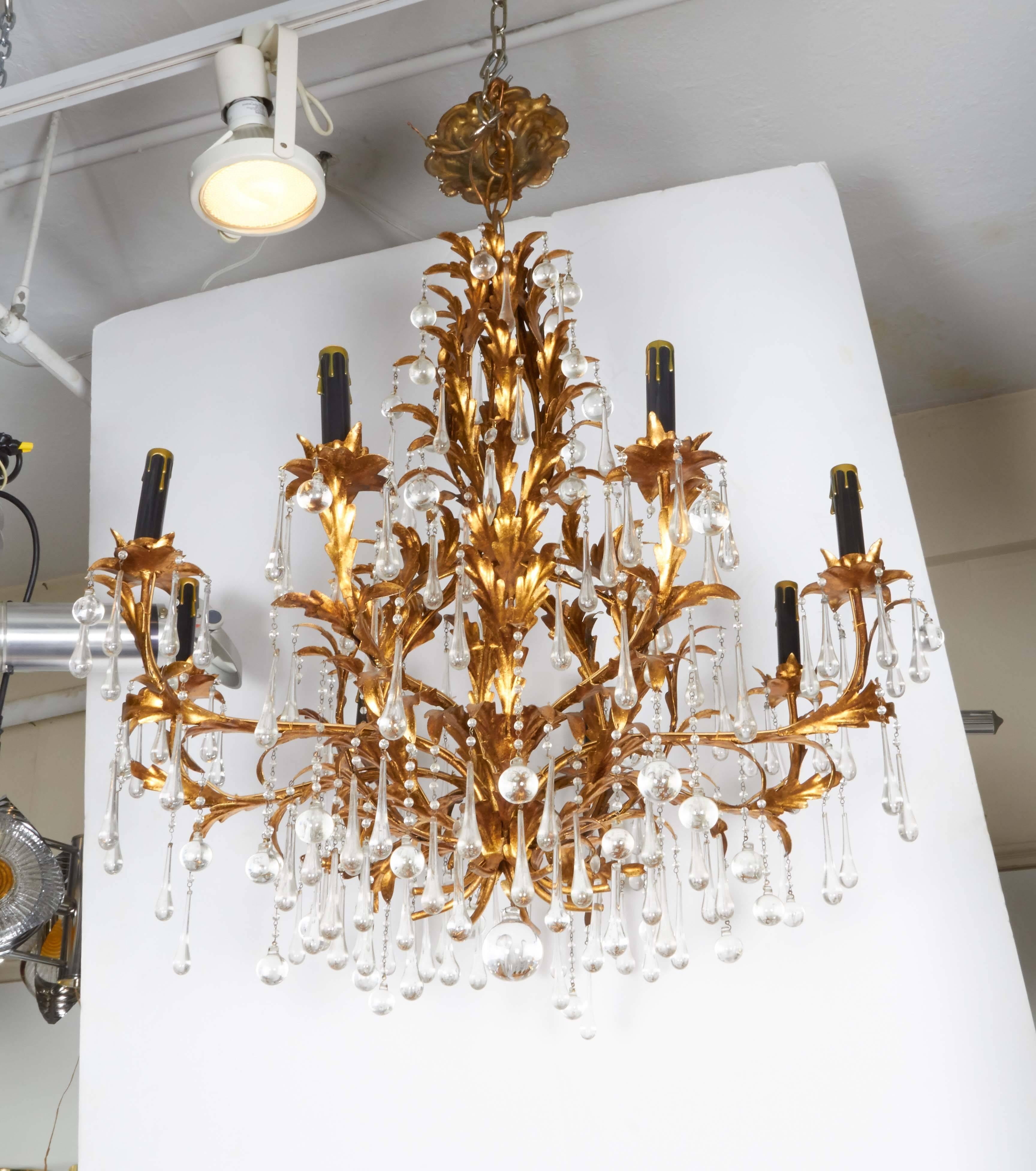Gilt Tole Eight-Light Chandelier with Crystal Drops 2