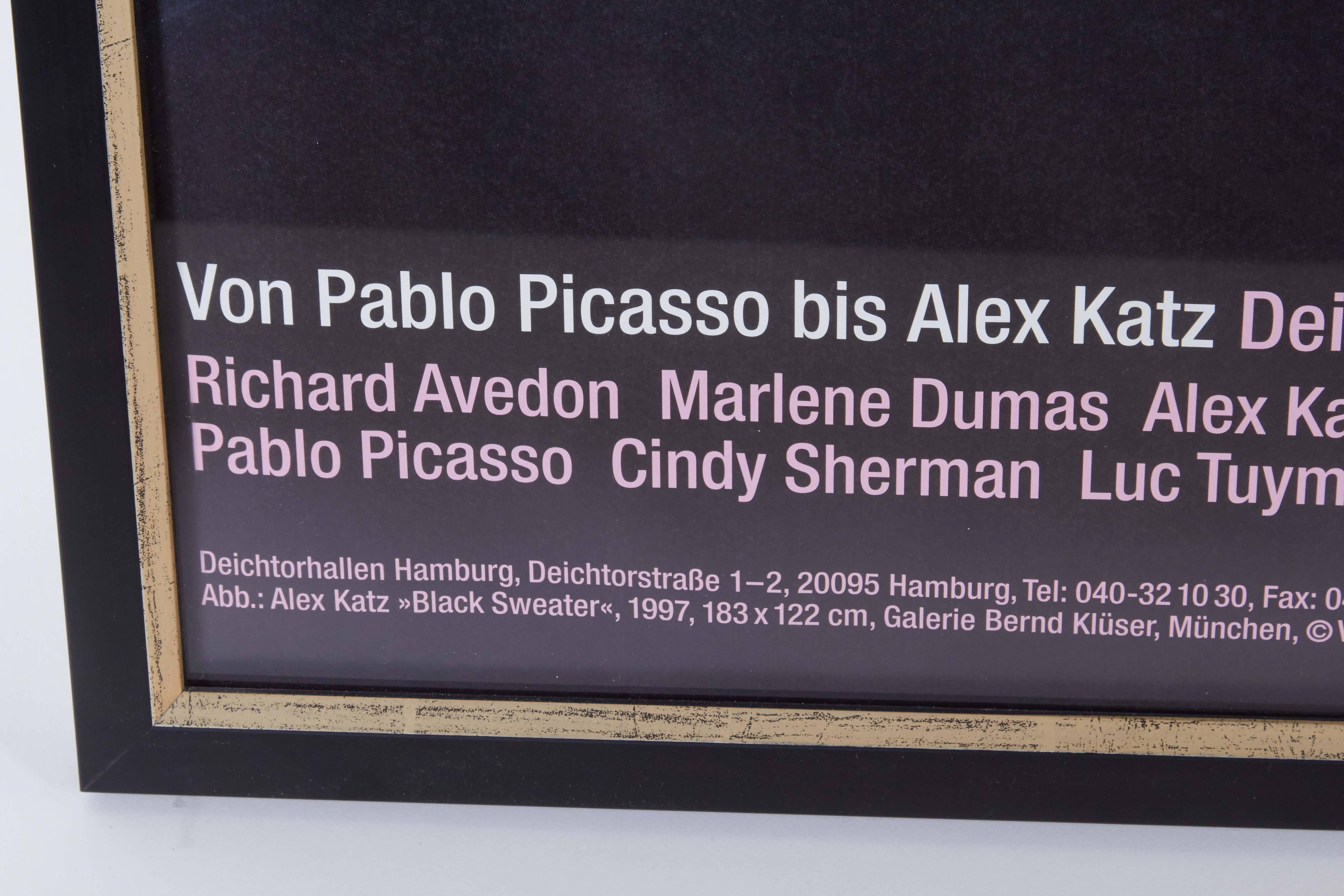 A framed exhibition poster for 'The Contemporary Face - From Pablo Picasso to Alex Katz,' held at the Deichtorhallen Art Center in Hamburg, Germany, running between September 28, 2001 to January 13, 2002 (28.9.2001 - 13.1.2002) and signed by artist