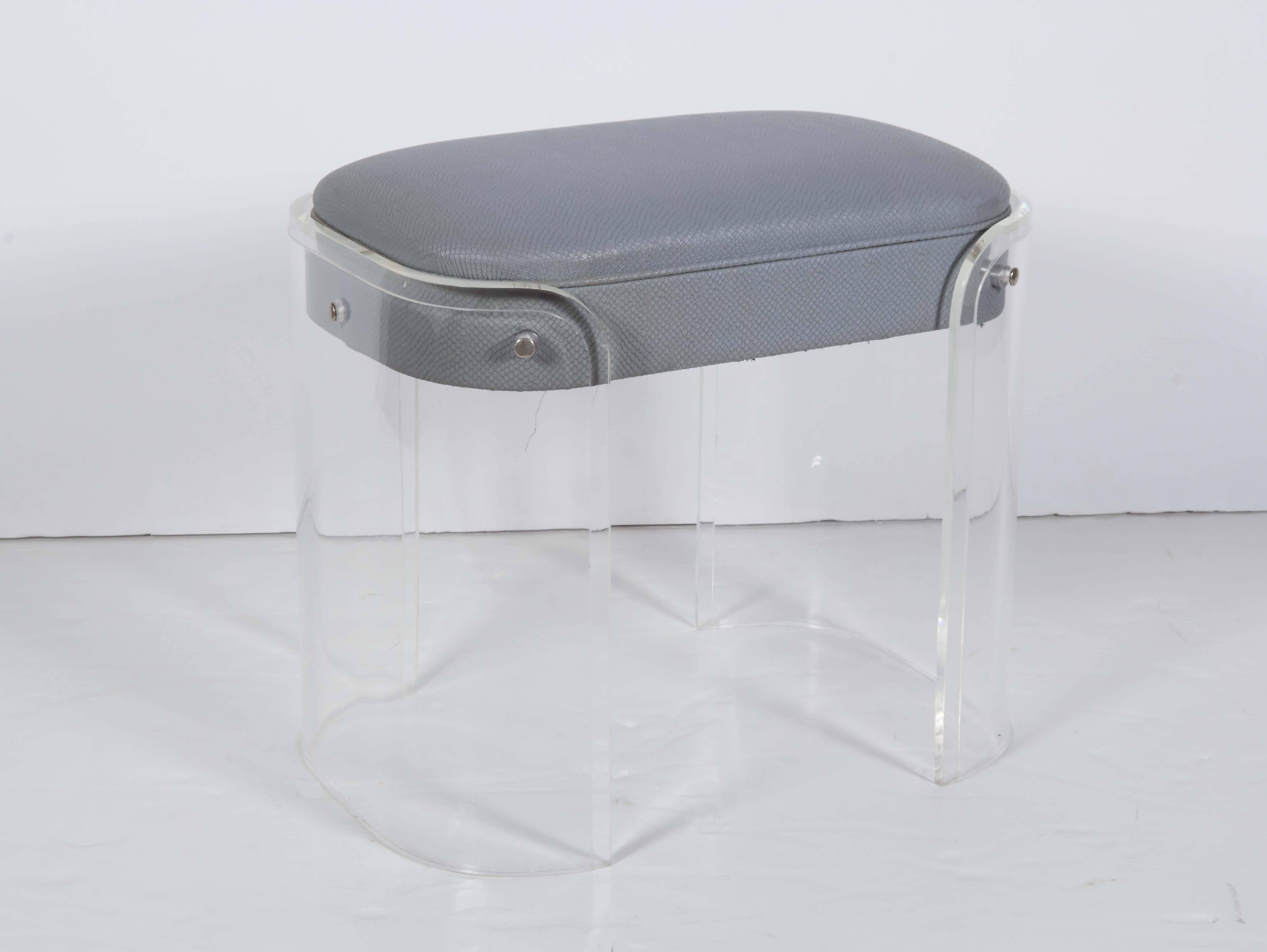 Hill Manufacturing Lucite Vanity Stool with Faux Snakeskin Seat In Good Condition In New York, NY