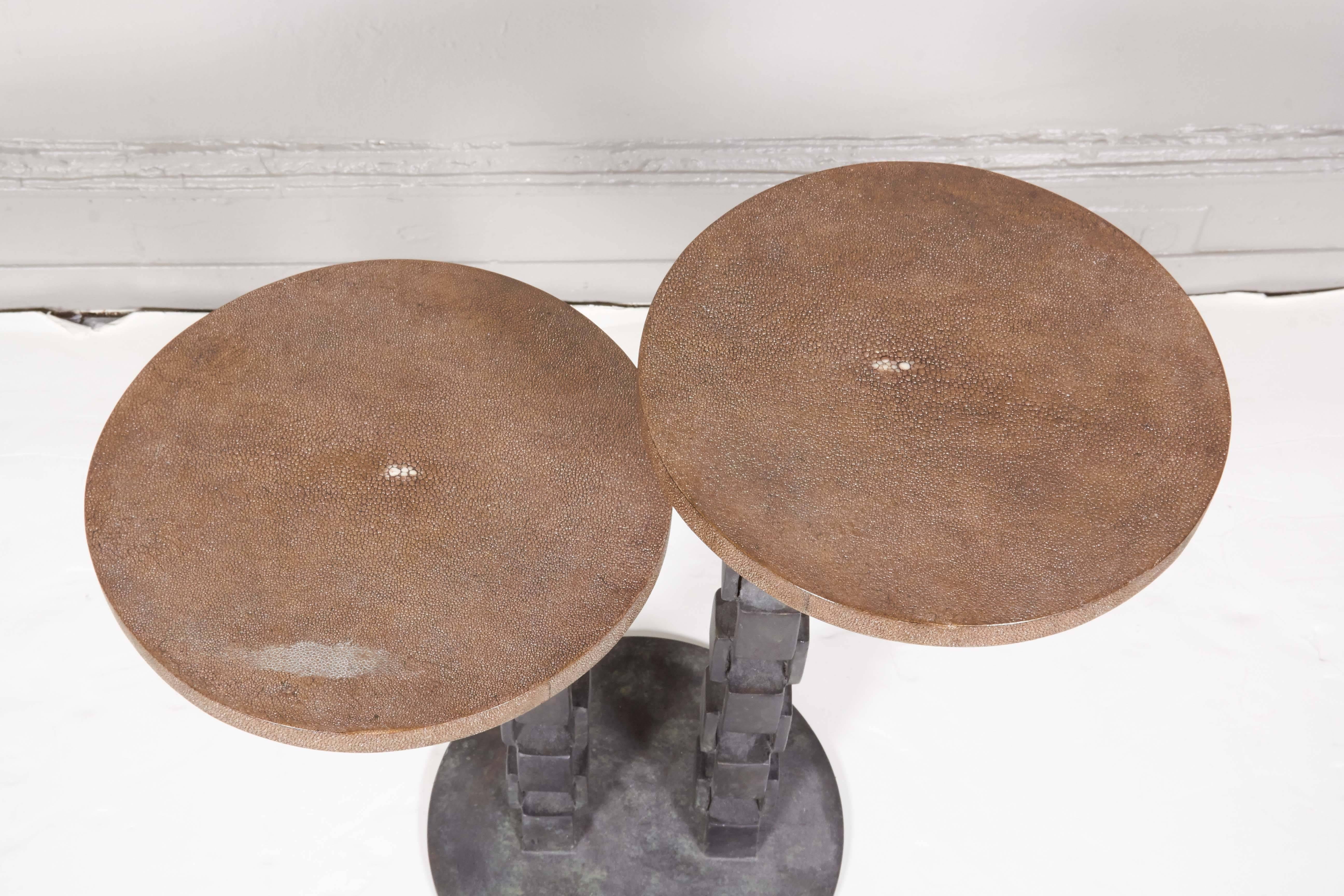 Metal Two-Tier Shagreen Top Table on Chain Link Base