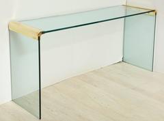 Mid-Century Modern Glass and Brass Waterfall Console or Sofa Table, 1970s