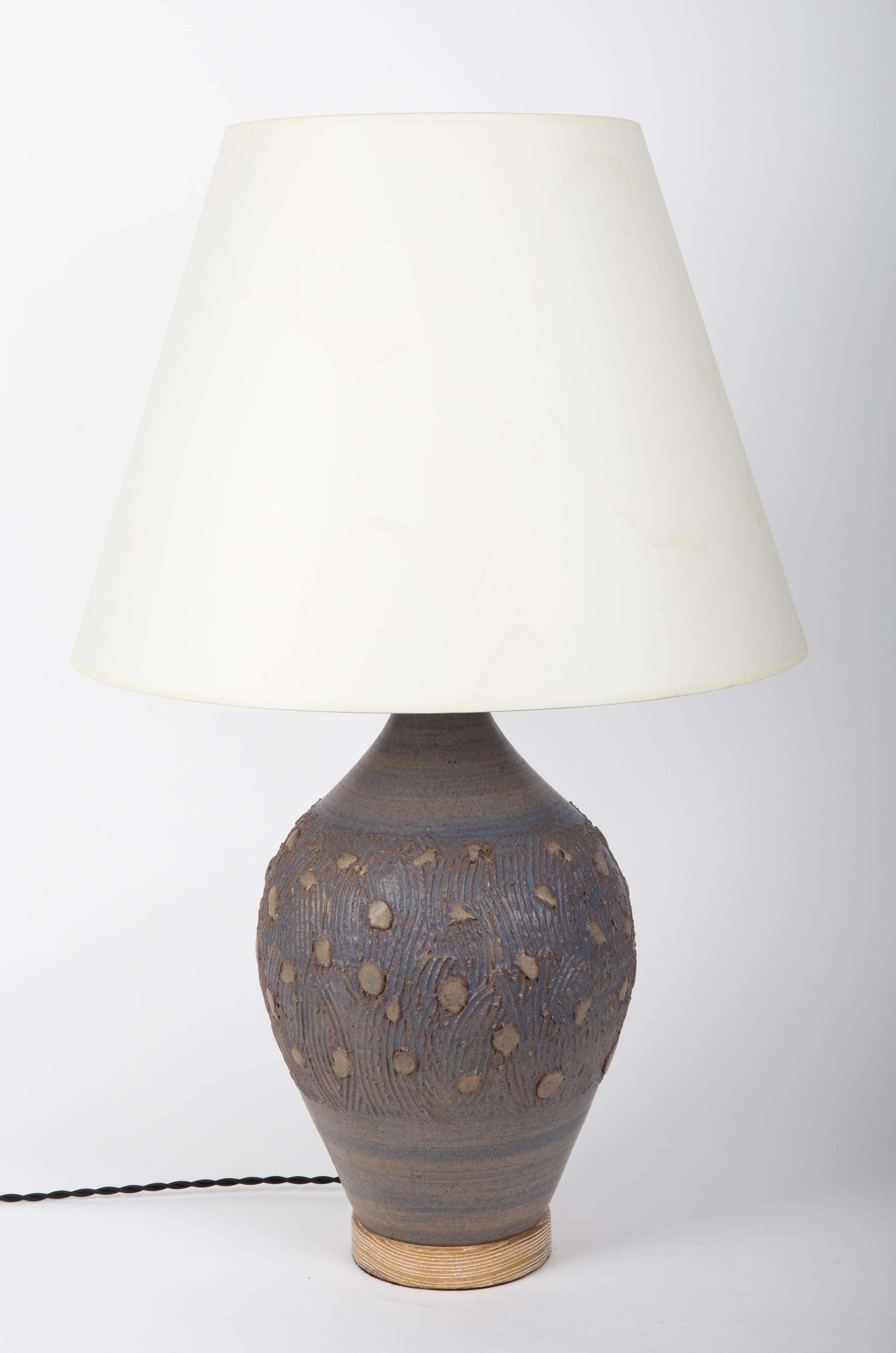 Blue Ceramic Lamp with a Cerused Oak Base In Excellent Condition In New York City, NY