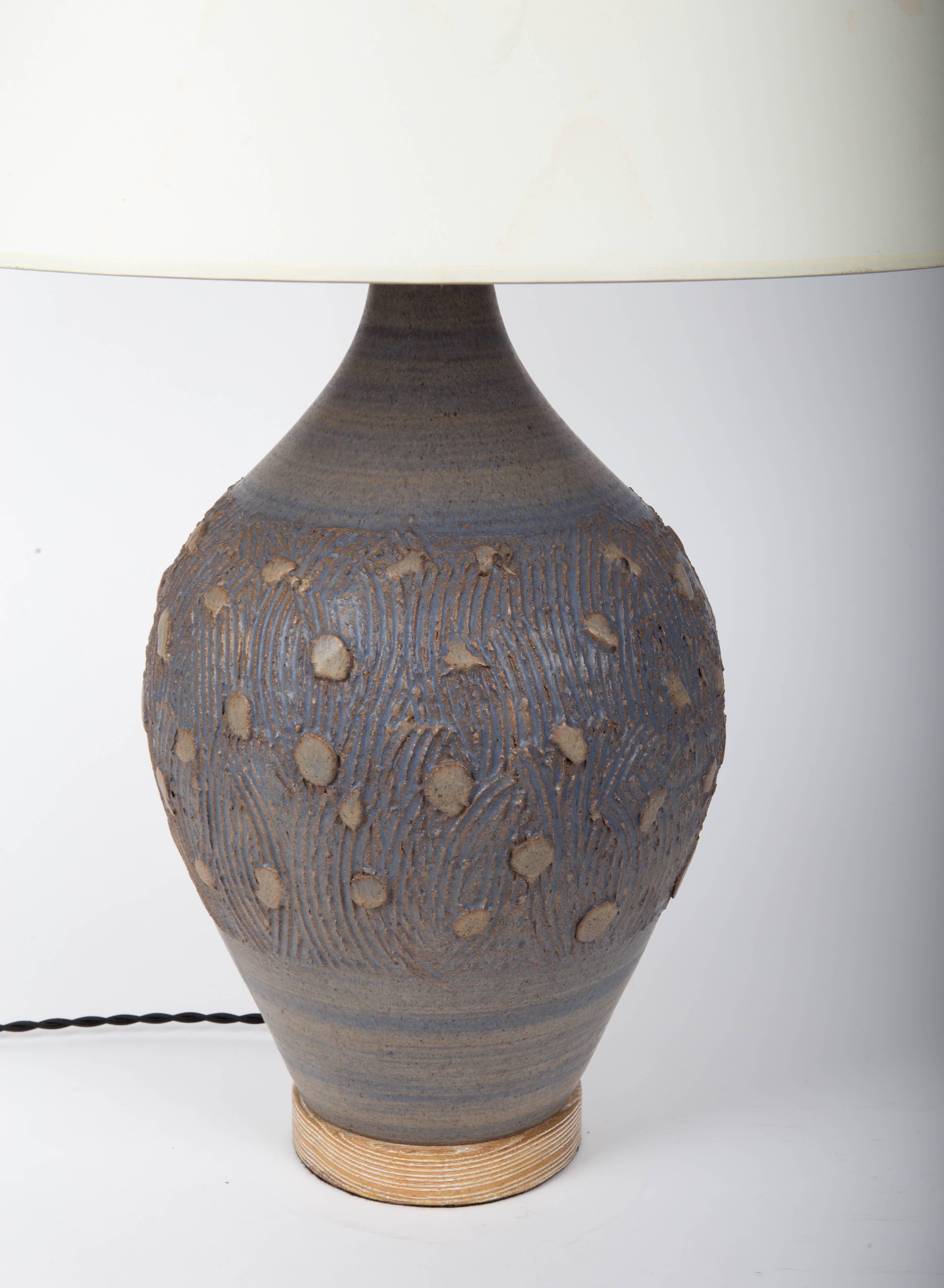 20th Century Blue Ceramic Lamp with a Cerused Oak Base